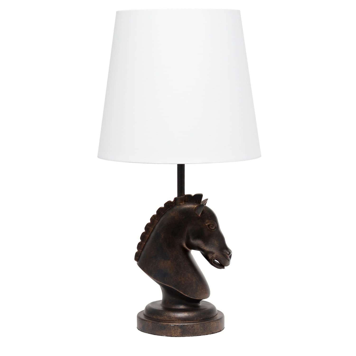 Simple Designs Lt1089-Dbz 17.25&quot; Tall Polyresin Decorative Chess Horse Bedside Table Desk Lamp W White Tapered Fabric Shade For Décor, Accent Light, Gameroom, Kids', Living Room, Bedroom, Dark Bronze