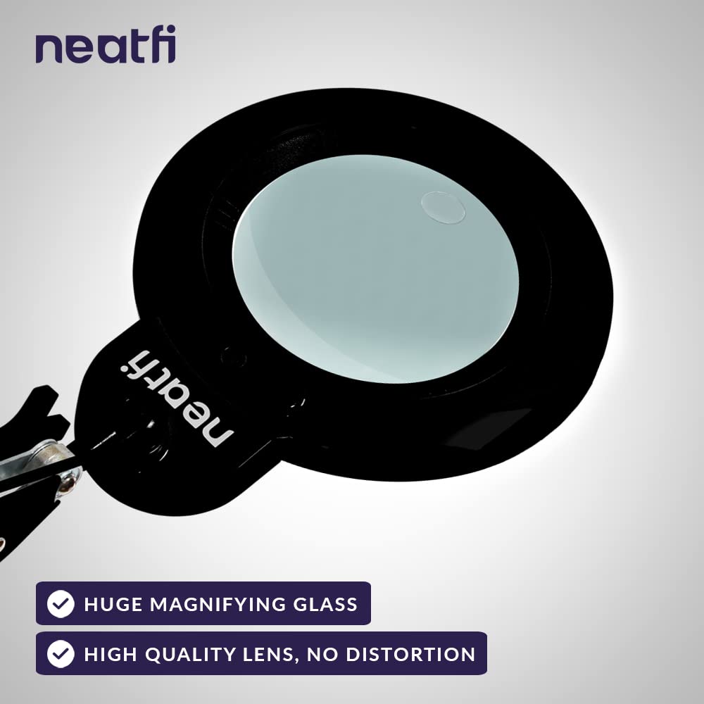 Neatfi Xl Bifocal Led Magnifying Lamp, 7-Inch Lens, 5D/20D, Dimmable, Adjustable Arm, Black, With Clamp