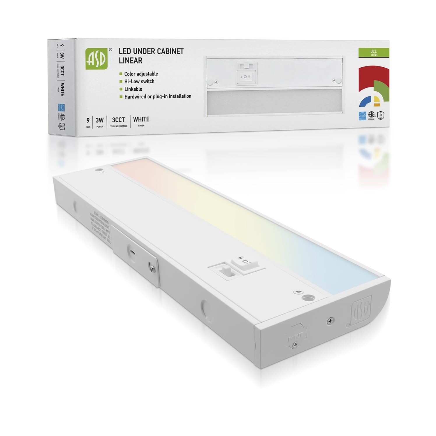 Asd Led Under Cabinet Lighting, 9 Inch, Dimmable, Hardwired/Plug-In, 3 Color Levels, Aluminum, White Finish, Model A-Ucl-9D3Cc-W