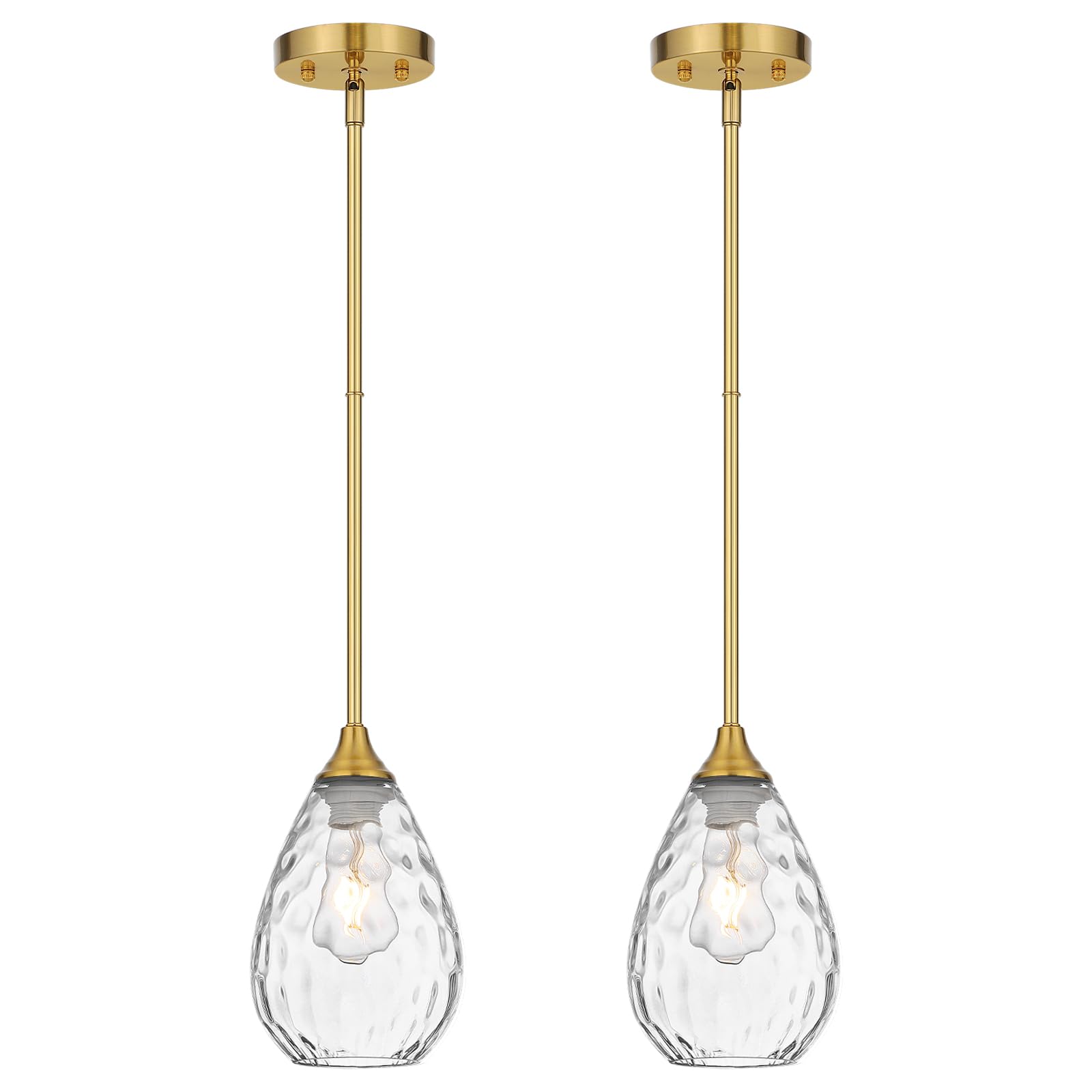 SADUENFR Brushed Gold Pendant Lights Kitchen Island 2 Pack  Modern Glass Pendant Light Fixtures with Hammered Glass and Rods  Adjustable Brass Hanging Light for Kitchen Sink Dining Room Bathroom