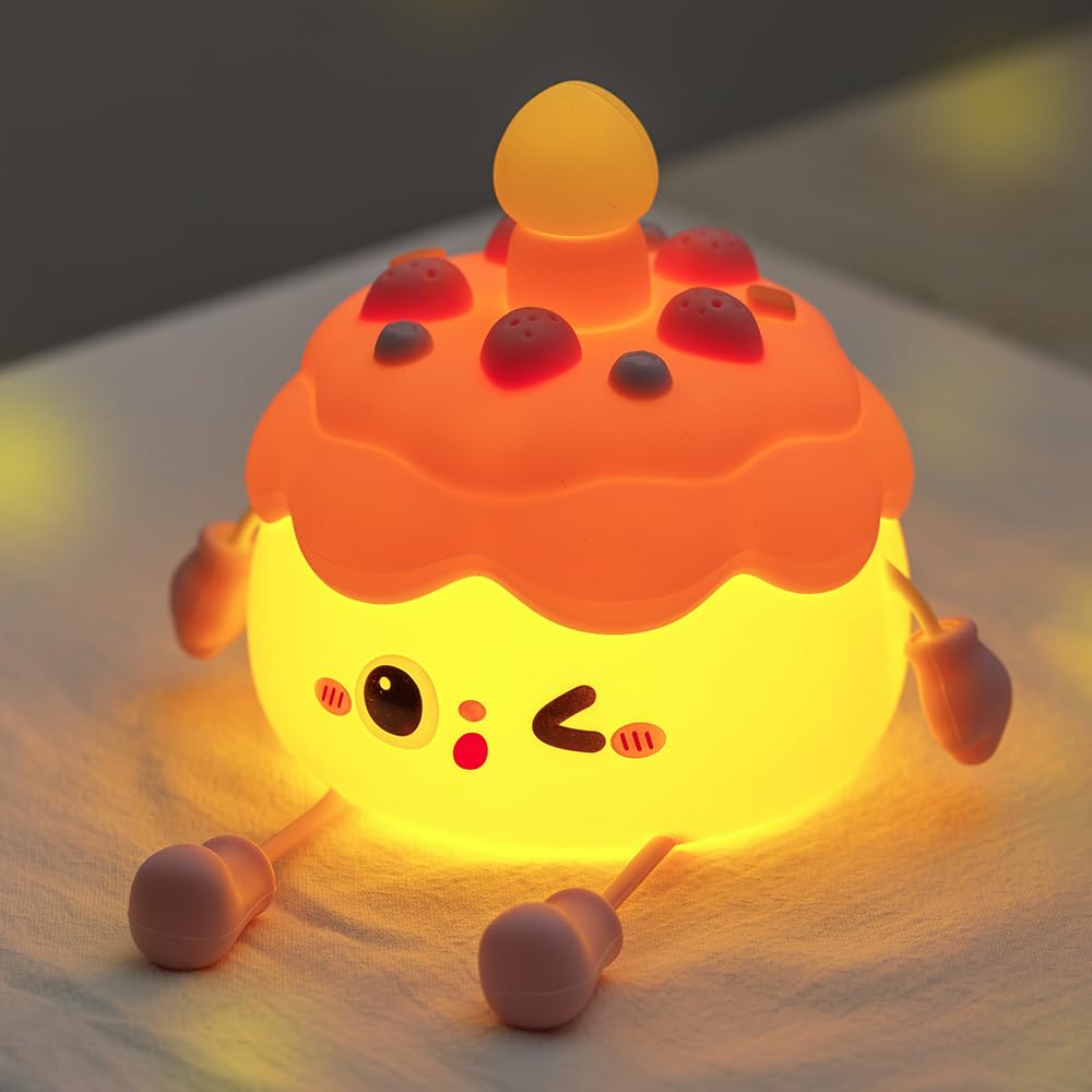 Cute Cake Night Light for Kids, Squishy Silicone Cake LED Night Lamp, Novelty Nursery Nightlight for Kids, Rechargeable Touch La