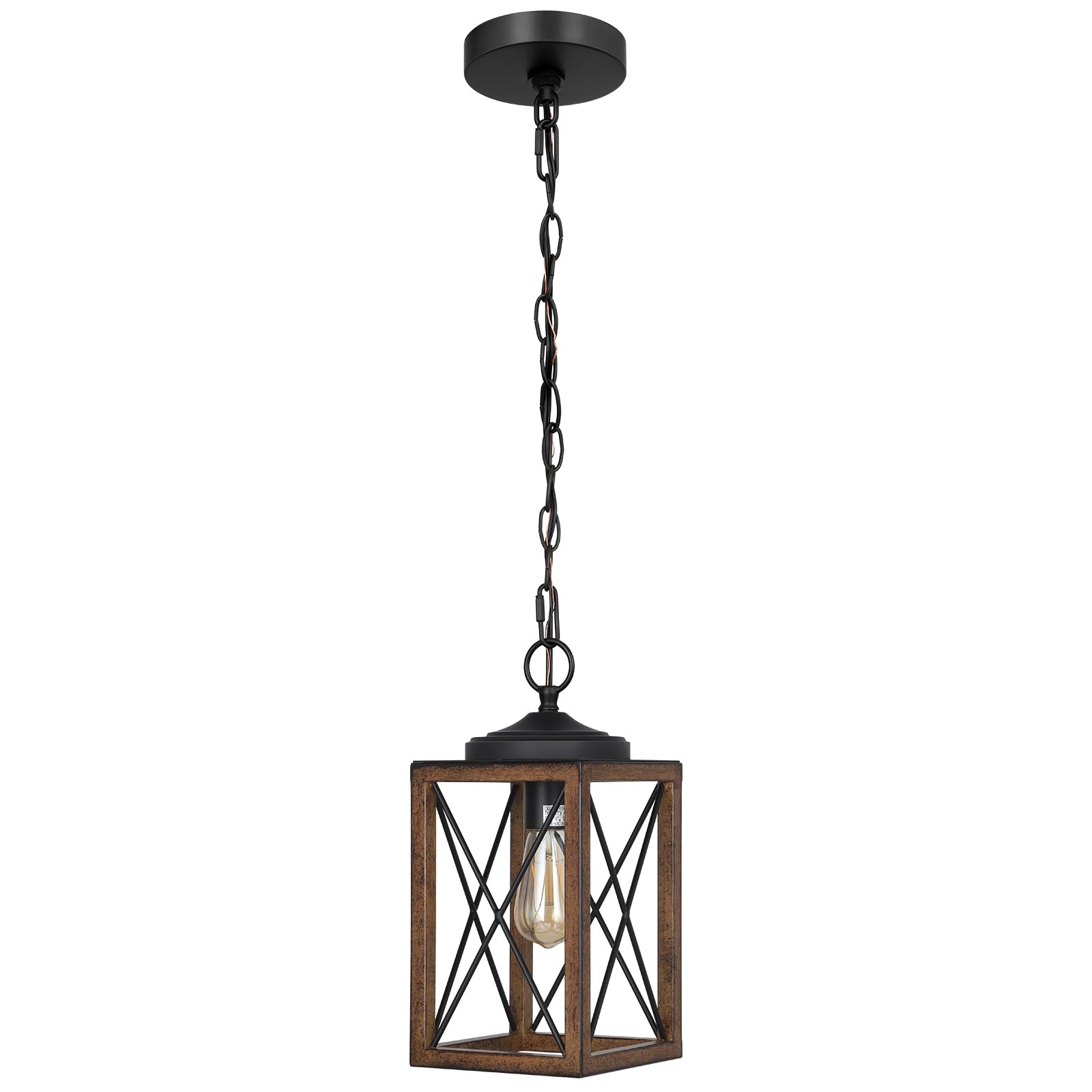 EDISHINE Farmhouse Pendant Light, Metal Hanging Light Fixture with Wooden Grain Finish, 63 Inch Adjustable Chain for Flat and Sl