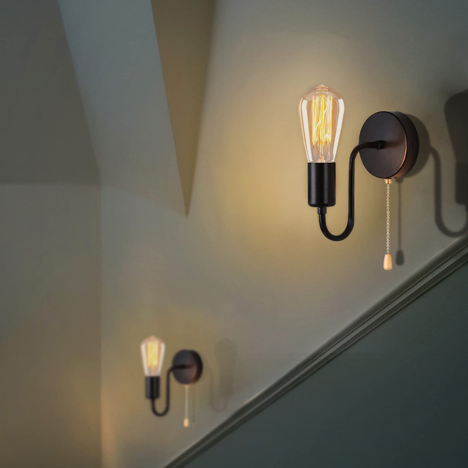 Jzcdr Vintage Pull Chain Wall Light Fixtures With On Off Switch, Hardwired Wall Sconce Set Of 2 Retro Black E26 Wall Sconces Indoor Wall Lamps For Bedrooms Living Room Kitchen