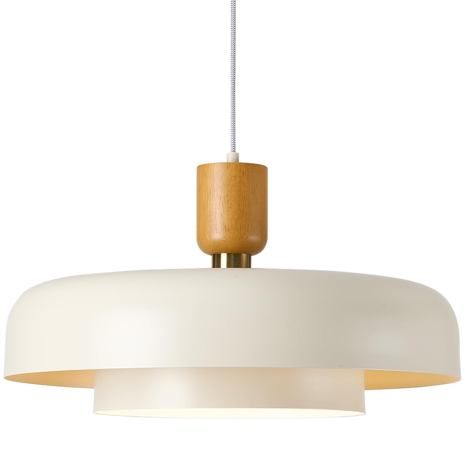 Modern Large Pendant Light 19.68 inch, 2 Tiers Soft Cream Shades, Natural Wood and Brass Accent, Mid Century Chandelier for Kitc