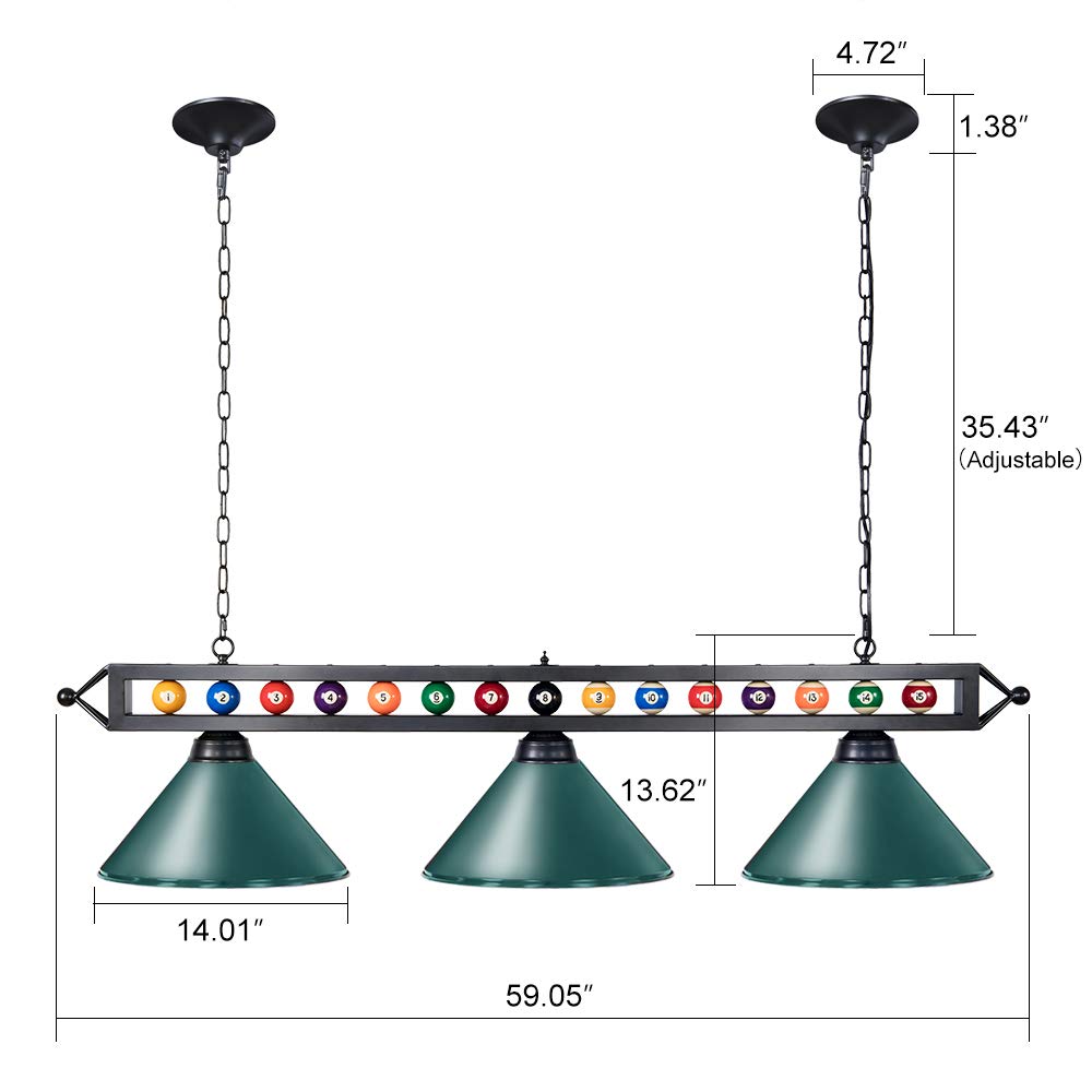 Wellmet Pool Table Light, 3 Lights, Adjustable, 59 inch, Metal, Green, Model CHL-002-light-Green