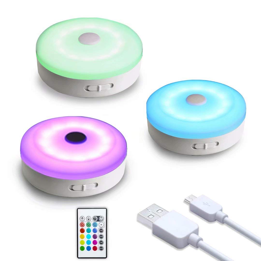 Wobsion Puck Lights With Remote, Color Changing Under Cabinet Led Lighting, Closet Light, Usb Rechargeable Puck Lights For Count