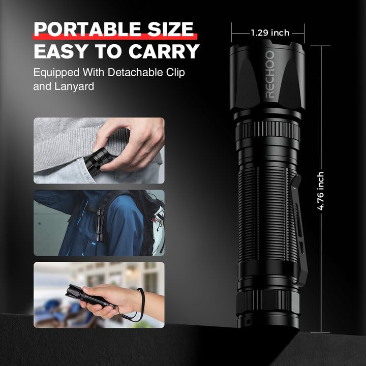 RECHOO Red Light Flashlight - High-Powered, 3 Modes, Rechargeable, Portable, Zoomable, 1 Pack, Black, Model SFL036