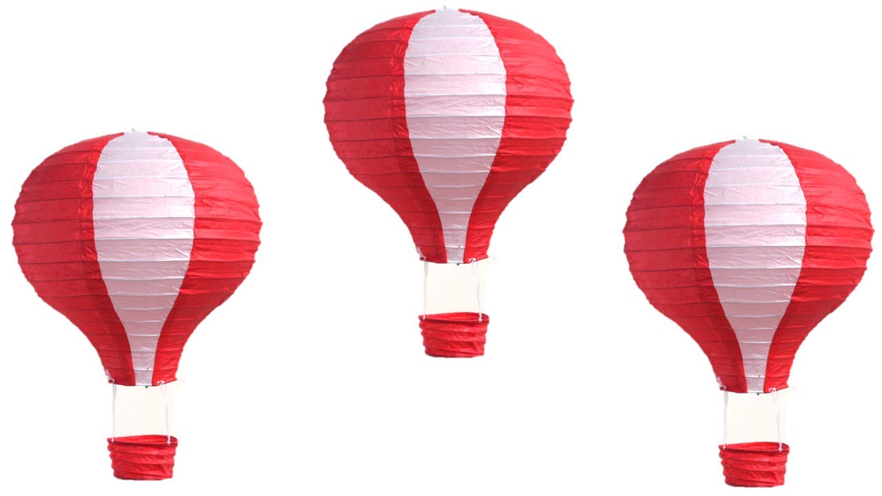 Pack Of 3 Stripy Hot Air Balloon Paper Lantern Wedding Party Decoration Craft Lamp Shade (Red, 8'' (20Cm))