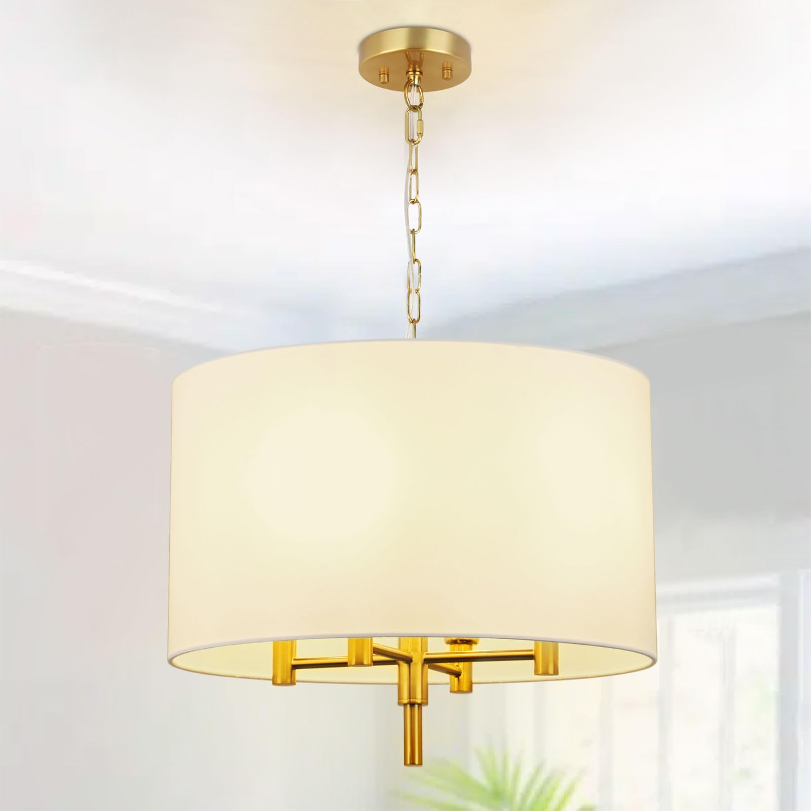 DLLT 4-Light Drum Chandeliers, 20 Modern Dining Room Pendant Chandelier, Adjustable Golden Chandelier with Beige Fabric Shade, E
