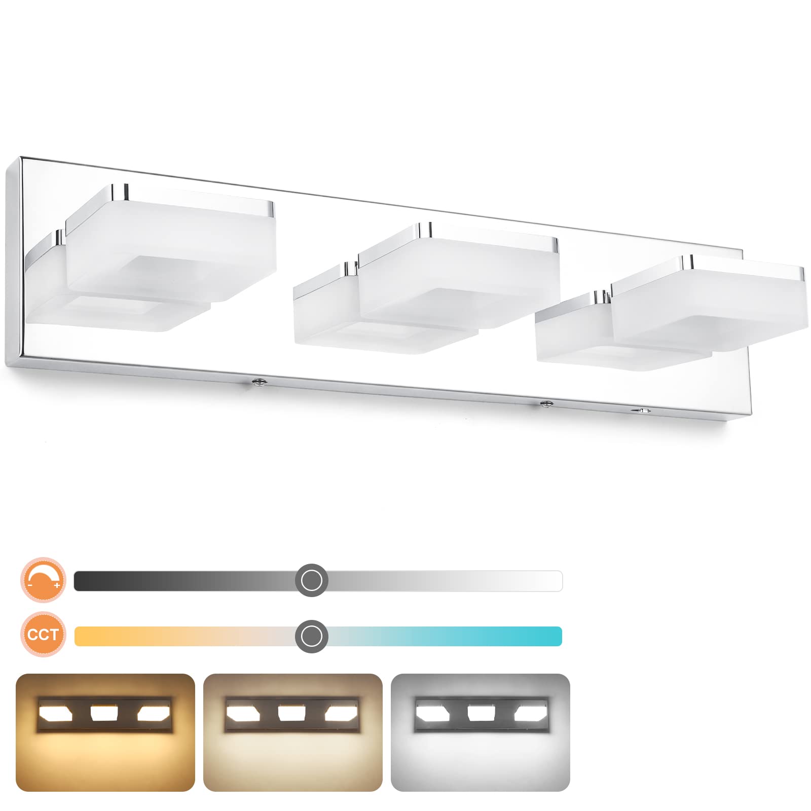 Goodate Chrome Led Bathroom Vanity Lights - Dimmable 3-Light Fixtures, Adjustable 3000K/4000K/6000