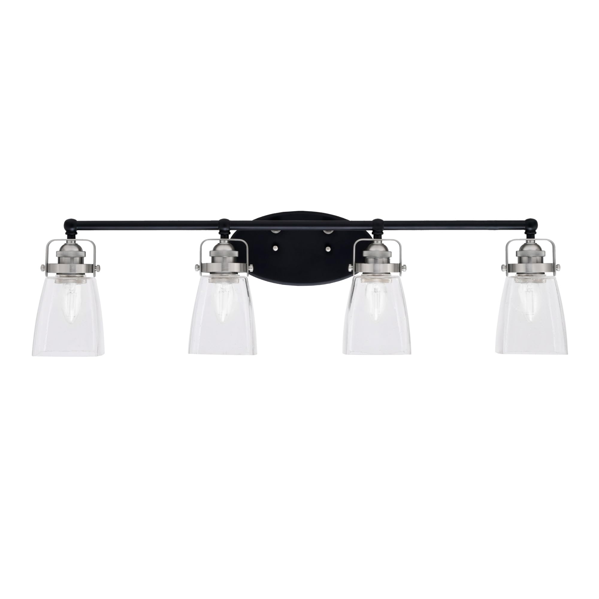 Easton 4 Light Bath Bar Shown In Matte Black & Brushed Nickel Finish With 4.5" Square Clear Bubble Glass