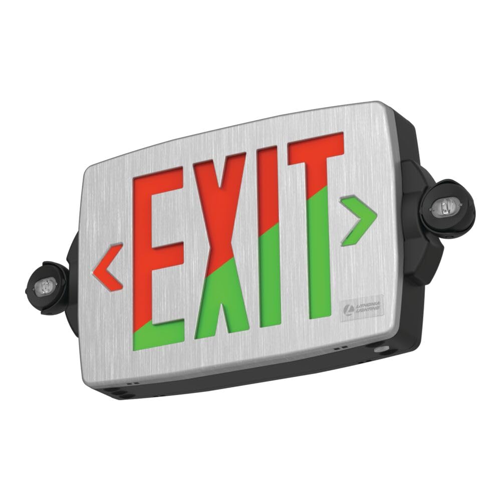 Lithonia Lighting Quantum LED Exit Sign Emergency Light Combo  Exit Sign and Emergency Lights for Business  2-Head Fixture  Red/Green Selectable Letters  Brushed Silver (LHQM S BBS RG MVOLT M6)