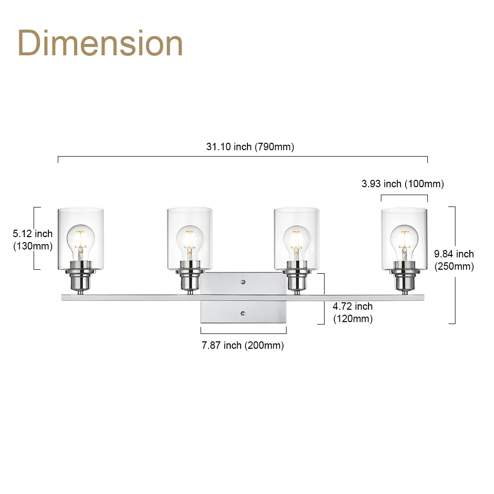 VINLUZ 4-Light Vanity Light Fixture, Chrome Finish with Clear Glass Shades, Wall Mounted for Bathroom & Living Room