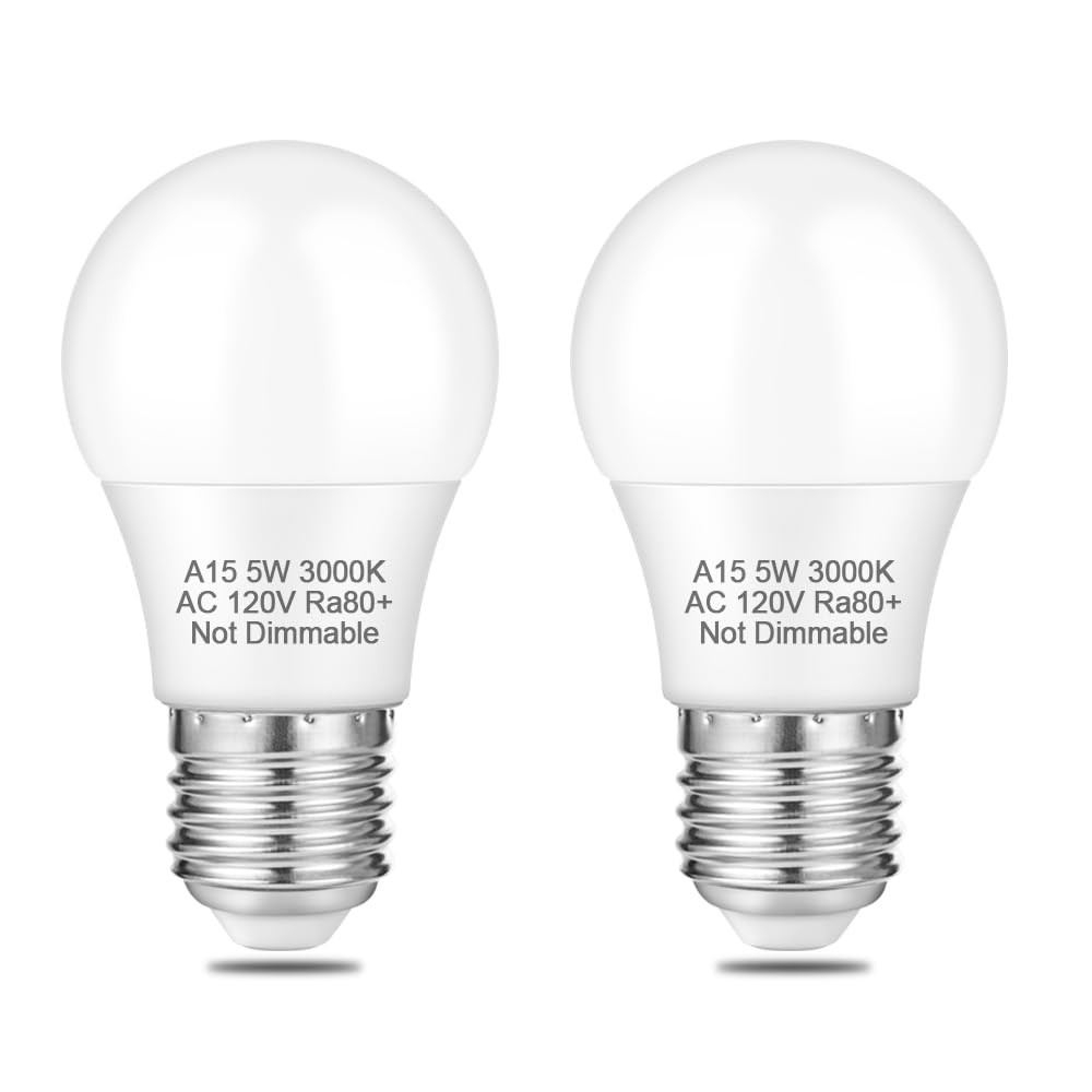 Neteha 2 Pack A15 5W 120V E26 Base Led Refrigerator Light Bulb, Non-Dimmable 50W Equivalent 3000K Warm White Led Appliance Light