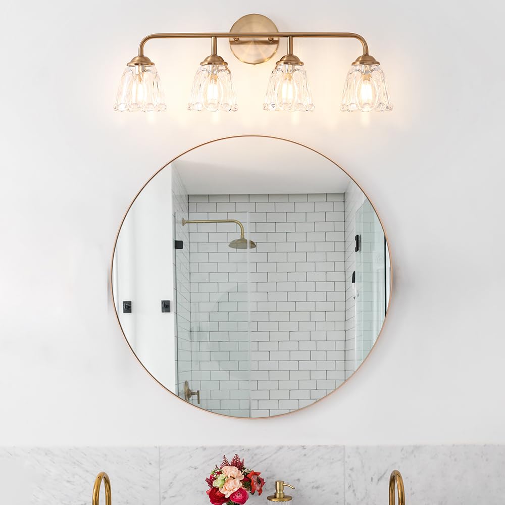 Vintage Brass Gold Vanity Lights For Bathroom, 4-Light Bathroom Lighting Fixtures Over Mirror, Elegant Flower Glass Bathroom Van