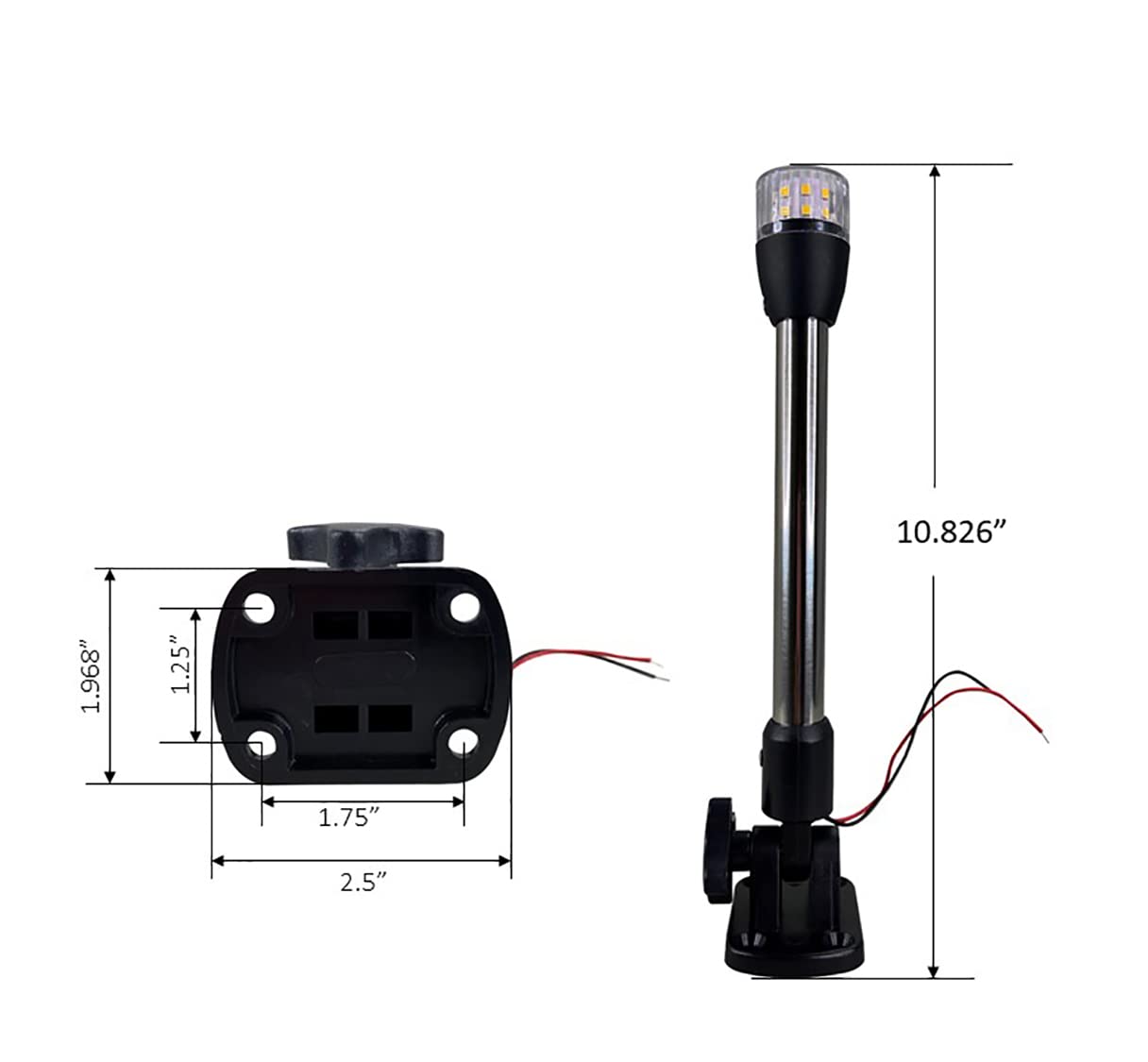 Pactrade Marine Boat Navigation Lights Led - 10.5 Inch White All-Round/Stern Light Pole (Folding Base, Surface Mount) - Boat Acc