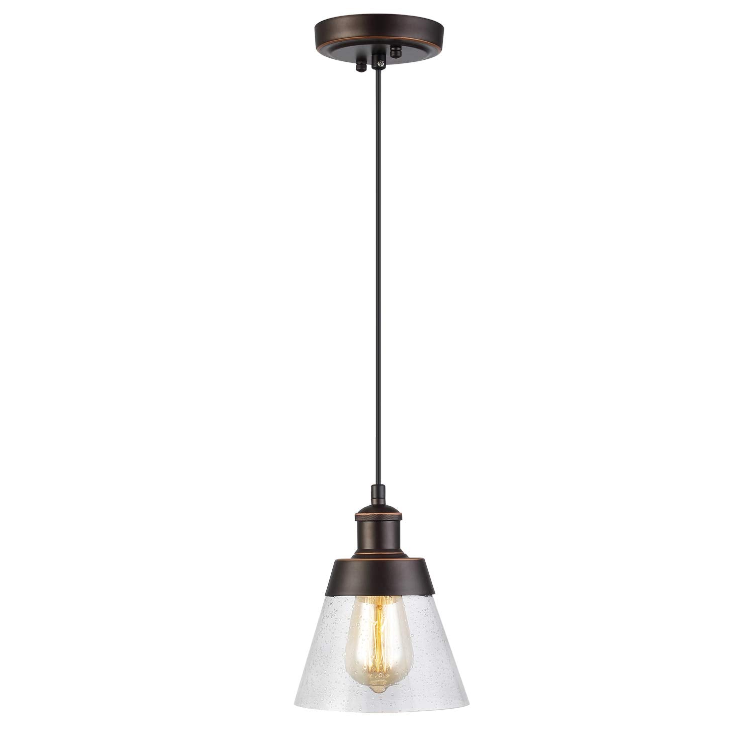 Rustic Glass Pendant Light with Handblown Clear Seeded Glass Shade, One-Light Adjustable Industrial Cone Mini Pendant Lighting F