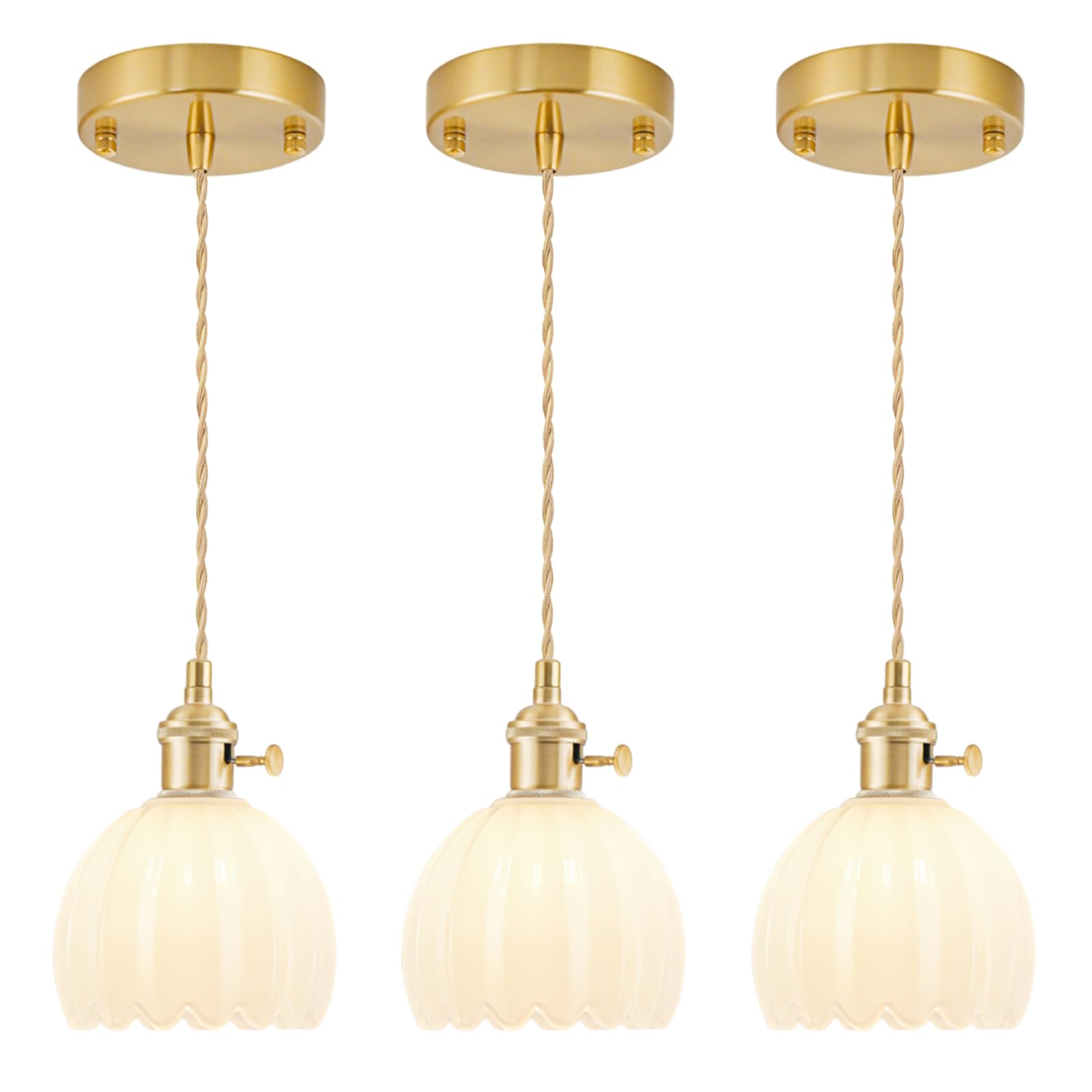 Mini Pendant Lights Kitchen island 3 Pack  Small Adjustable Pendant Light Fixture with Milk White Tulip Glass Lampshade  Vintage Gold Pendant Lighting  Pendant Light for Bedroom Dining Room Hallway