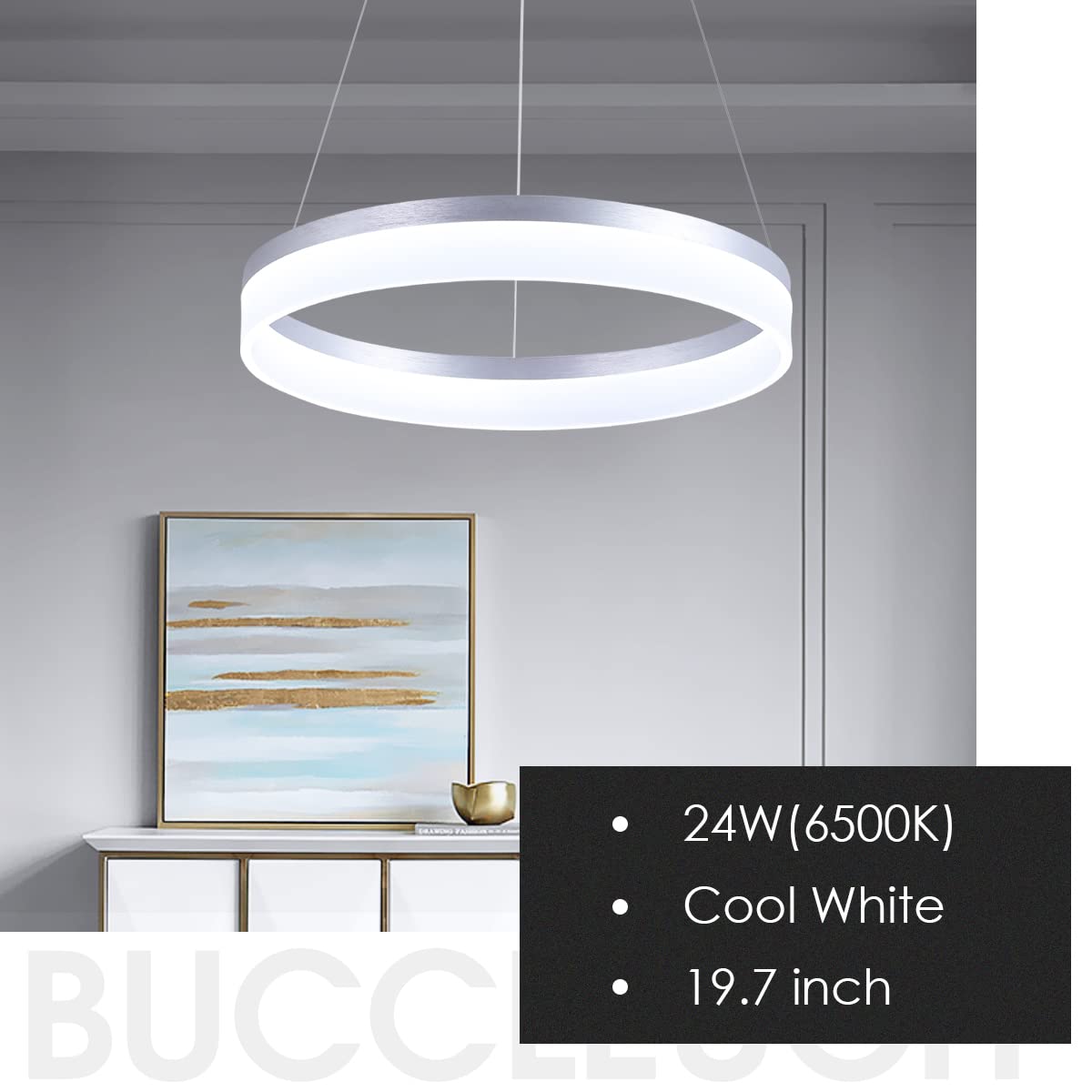 Buccleuch Modern LED Pendant Light - Dimmable Chandelier, 19.7" Silver Round, Adjustable Height for Dining Room and Kitchen Island