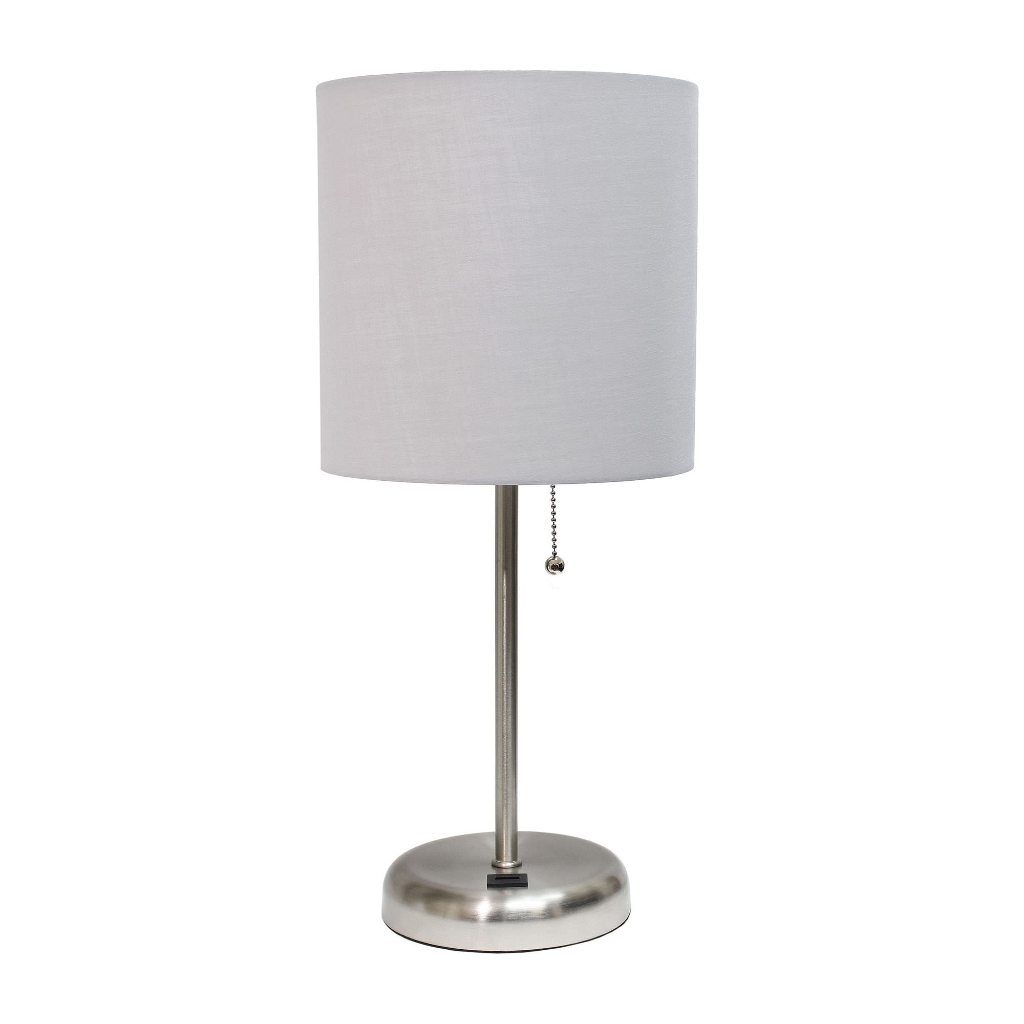 Creekwood Home Oslo 19.5&quot; Contemporary Bedside Usb Port Feature Standard Metal Table Desk Lamp In Brushed Steel With Gray Drum Fabric Shade