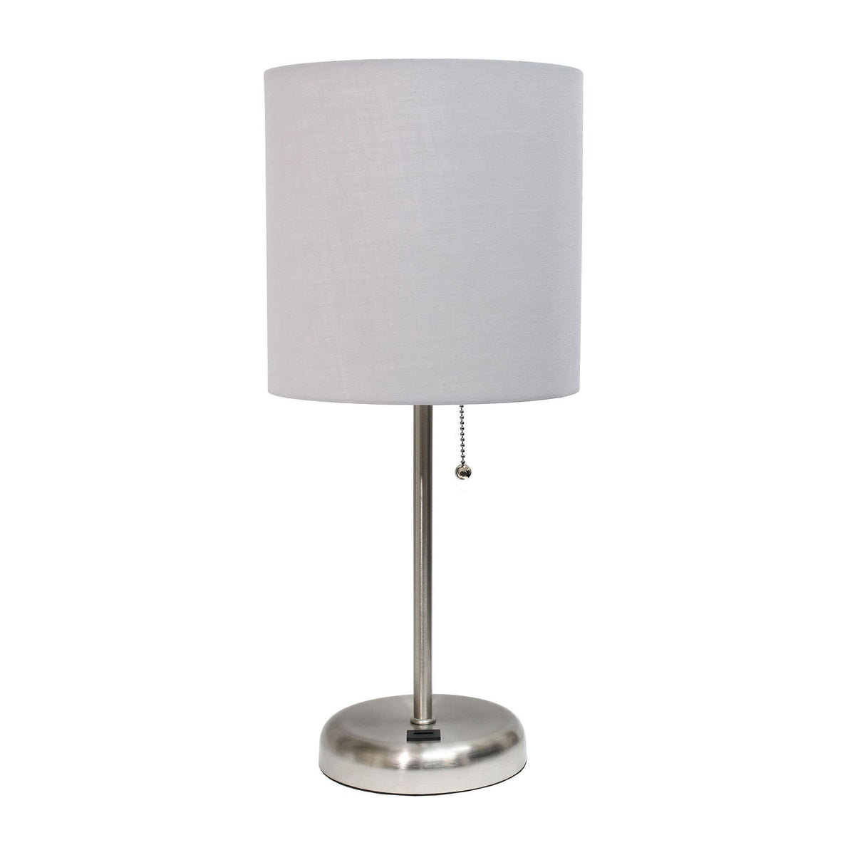 Creekwood Home Oslo 19.5&quot; Contemporary Bedside Usb Port Feature Standard Metal Table Desk Lamp In Brushed Steel With Gray Drum Fabric Shade