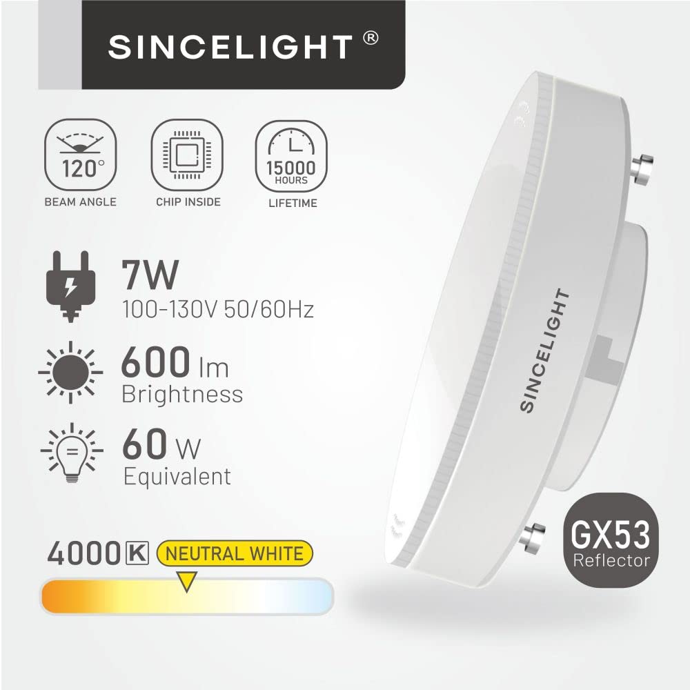 Sincelight Gx53 Led Bulbs, 7W, Reflector, 60W Equivalent, Disc Frosted Puck, Ra92, Warm White 2700K, Retrofit The Gx53 Fittings