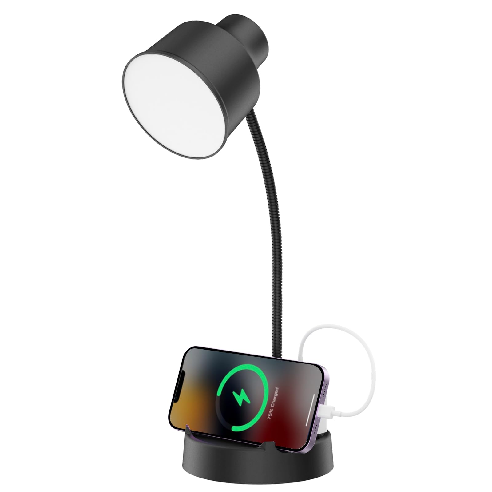 Energetic LED Desk Lamp with Phone Holder  Table Lamp with AC Outlet  Adjustable Flexible Gooseneck  4000K  Eye-Care Reading Light for Bedroom  Study  Computer Desk  Living Room  Home Office  Black