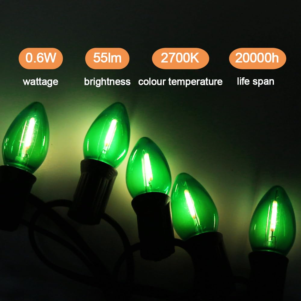 Neteha 25 Pack C7 Green Led Replacement Christmas Light Bulb, C7 E12 Base 120V Waterproof Led Bulbs For Christmas Outdoor String