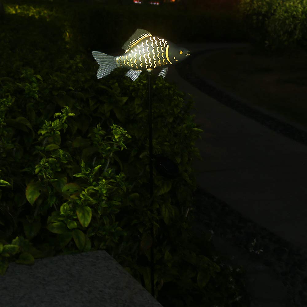 KAIXOXIN Solar Garden Lights Metal Fish Decorative Stake, Warm White LED, Silver-1, Model DSM016S