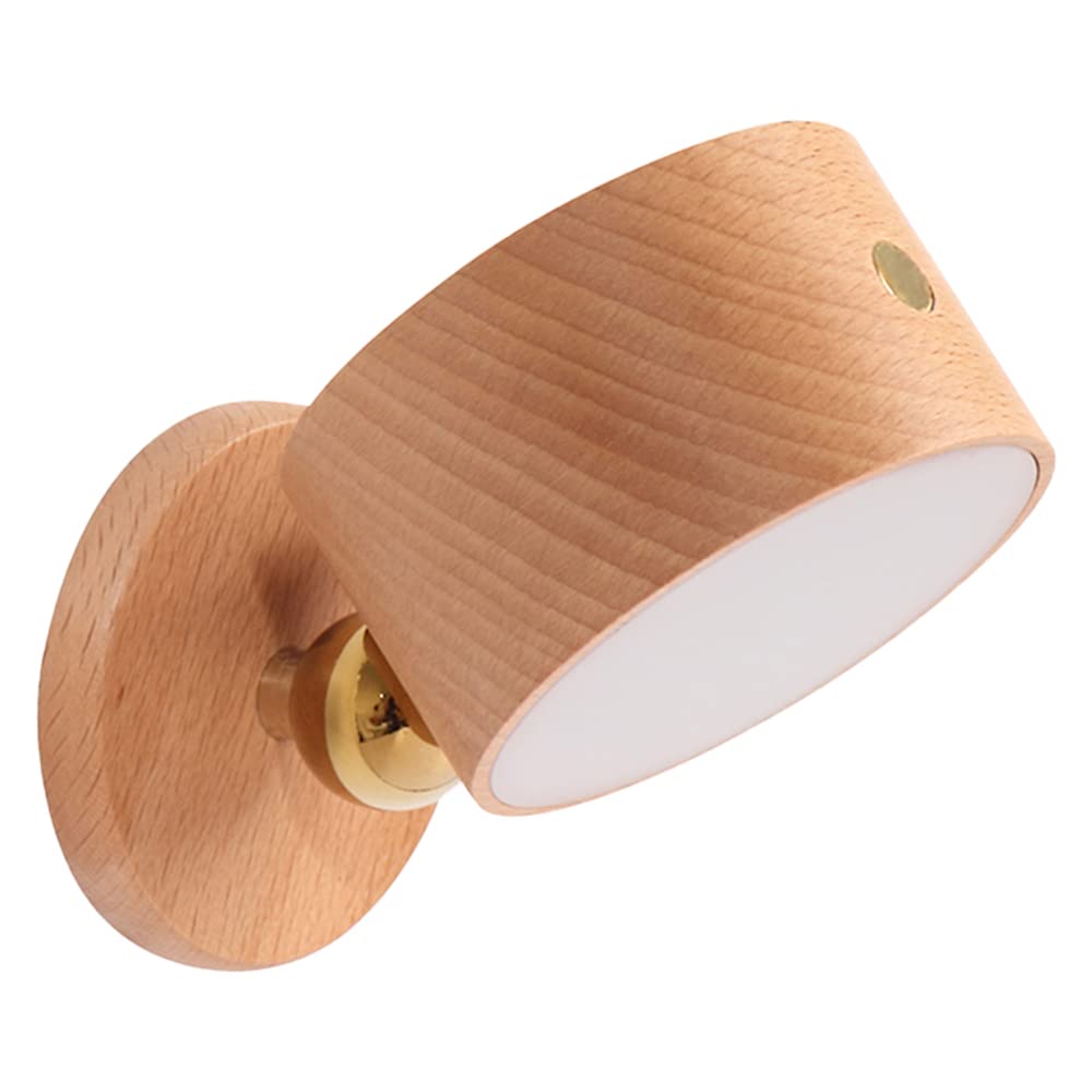 HBGFHG Wooden LED Wall Sconce, 360° Rotatable, Dimmable, Rechargeable, Battery Operated, Beech Wood, Model NO-HB01300
