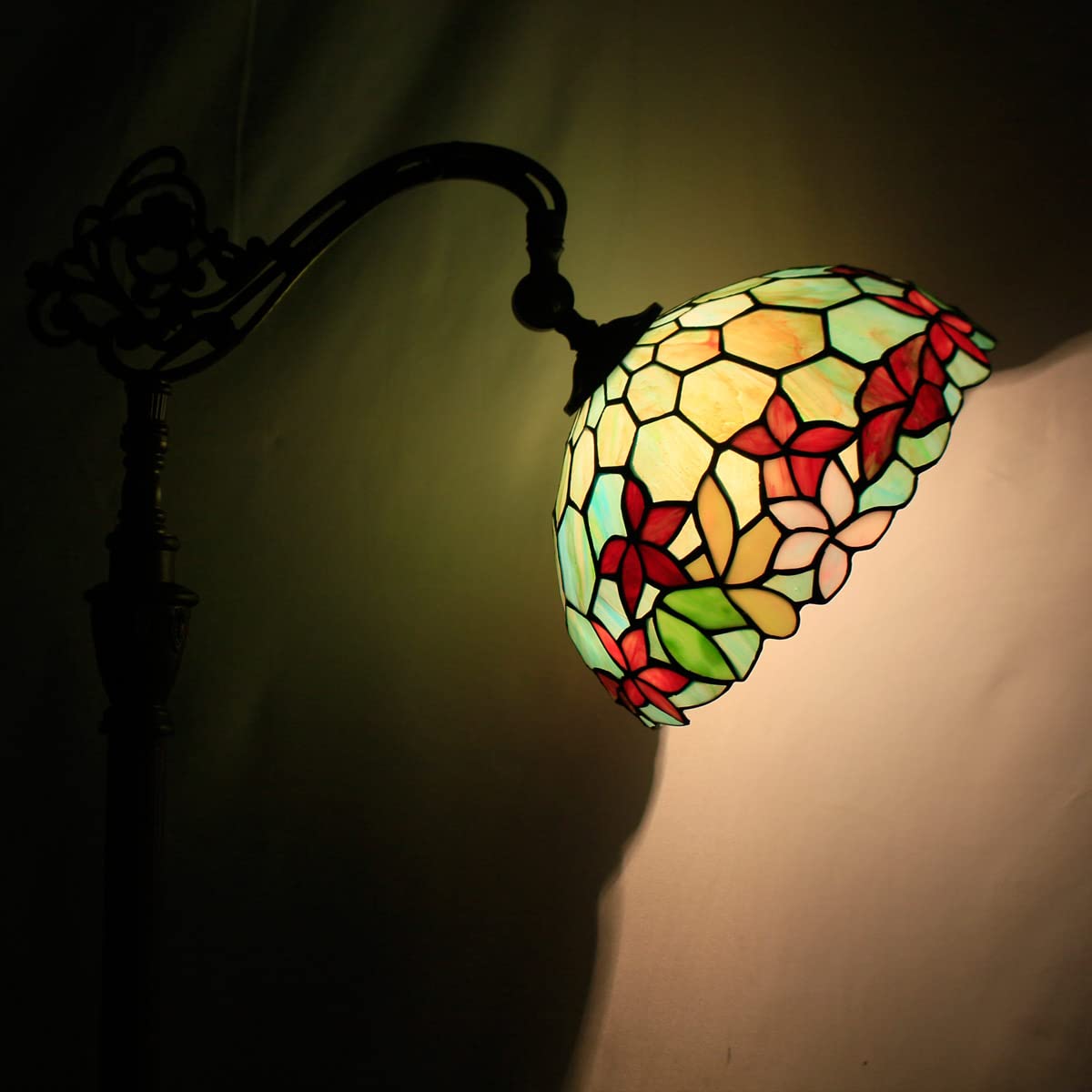 Zjart Tiffany Floor Lamp Stained Glass Lamp 18.88X12X67 Inch Angle Adjustable Arched Gooseneck Antique Reading Light (Red Green
