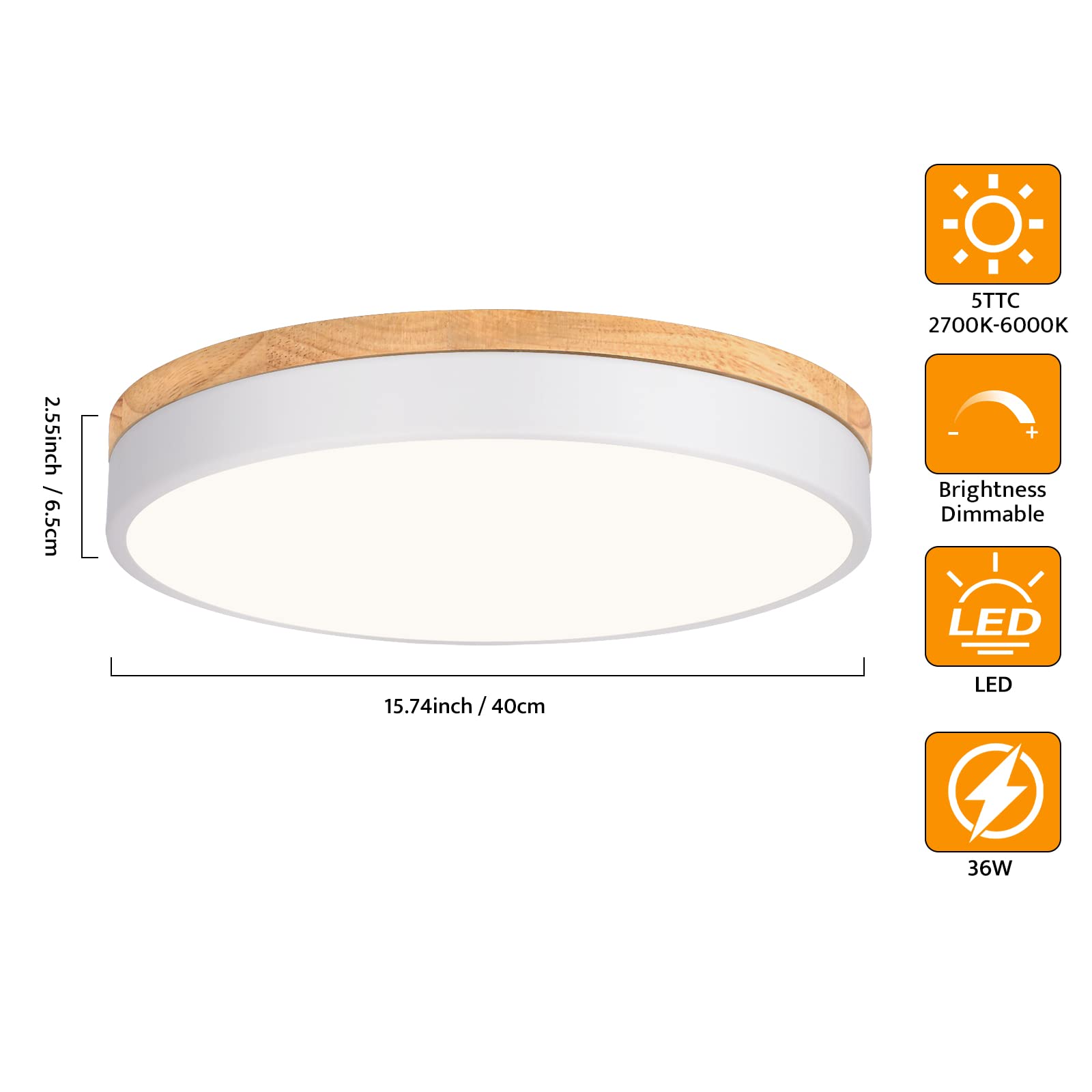Yiisem Dimmable LED Flush Mount Ceiling Light, 5CCT 2700K-6000K, 15.8in, White, Model 2022052405