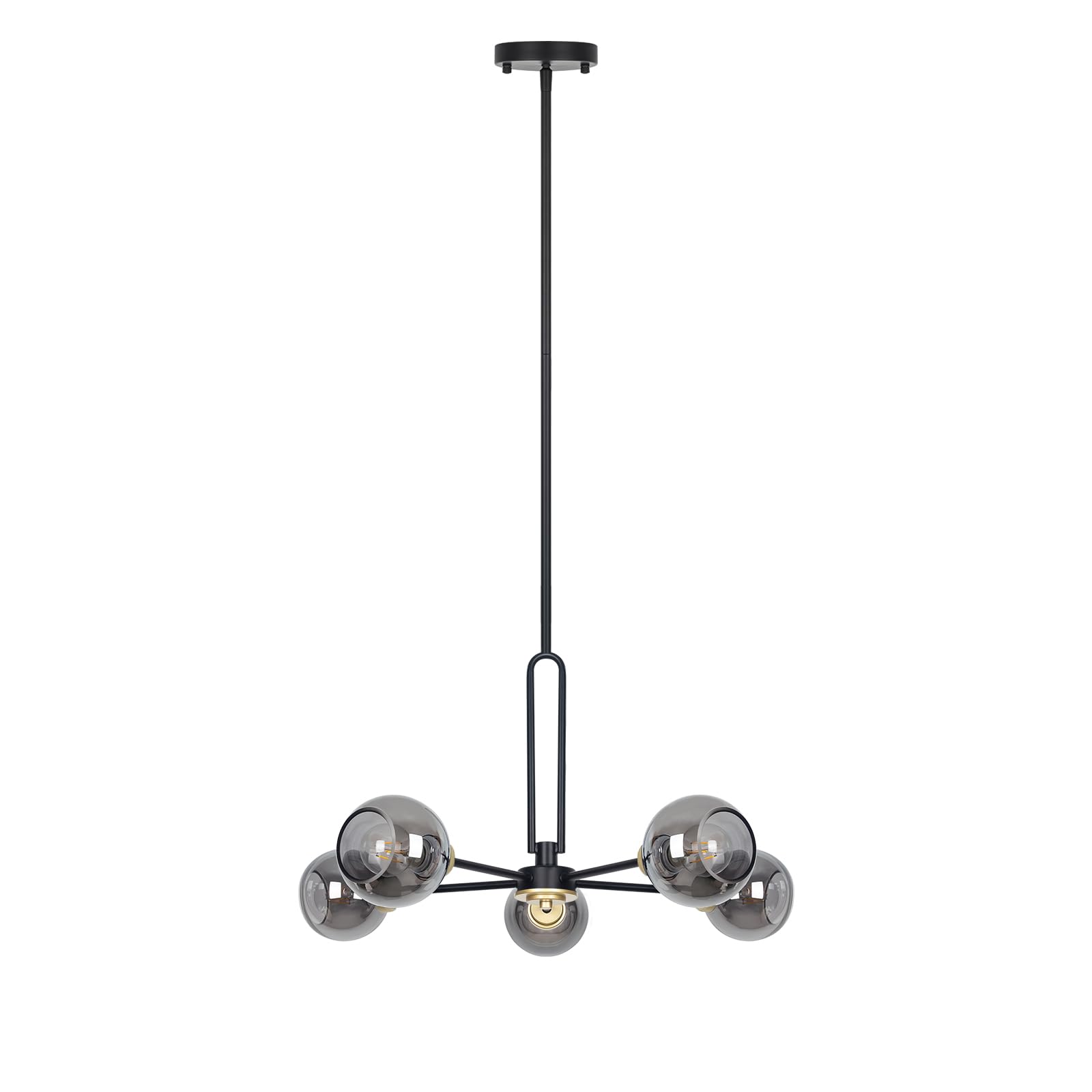 5-Light Globe Chandelier Pendant Lighting - Modern Large Semi-Flush Ceiling Light Fixture With Smoked Glass, Black Dining Room L