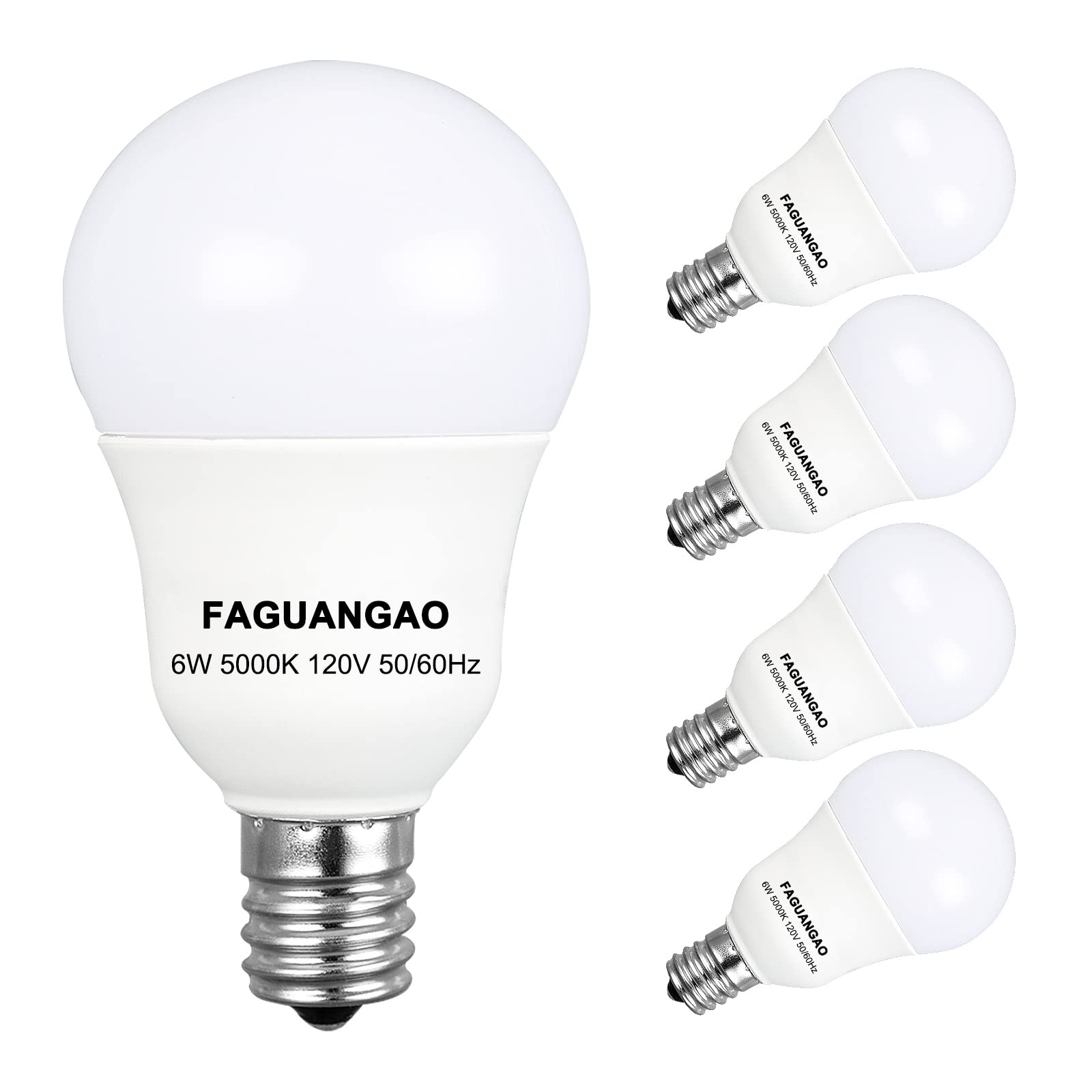 Faguangao E17 Intermediate Base Led G14 Bulbs, 6W 60W Equivalent, 5000K Daylight, 600Lm,Globe Light Bulbs For Ceiling Fan, Chand
