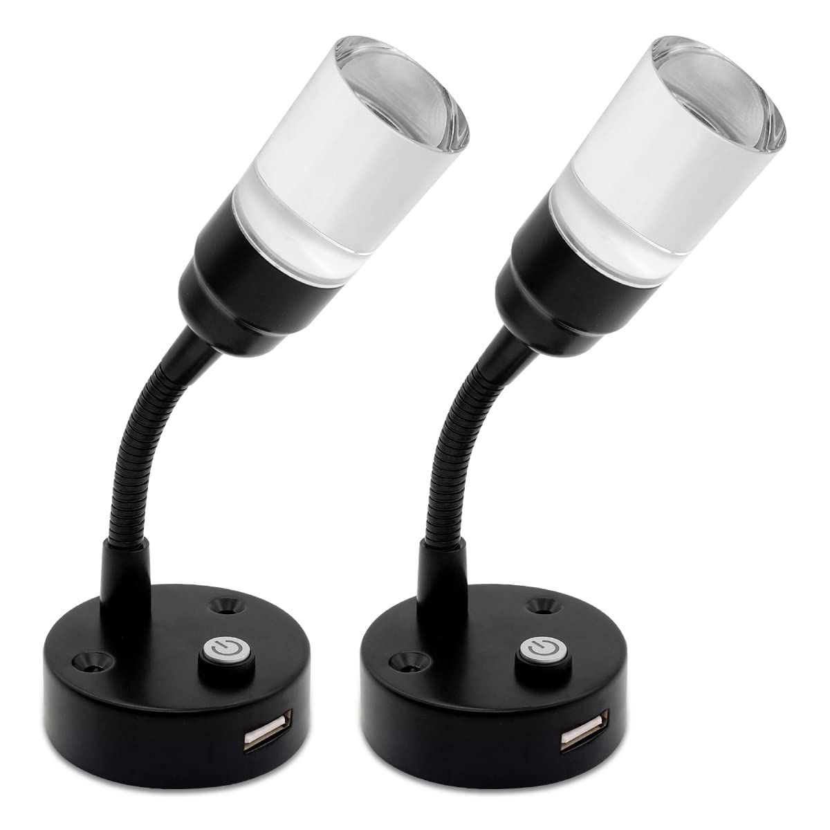 Dream lighting RV Reading Lights, USB 12V LED Bedside Book Lamps, Black-Plated, Pack of 2, Cool White Light
