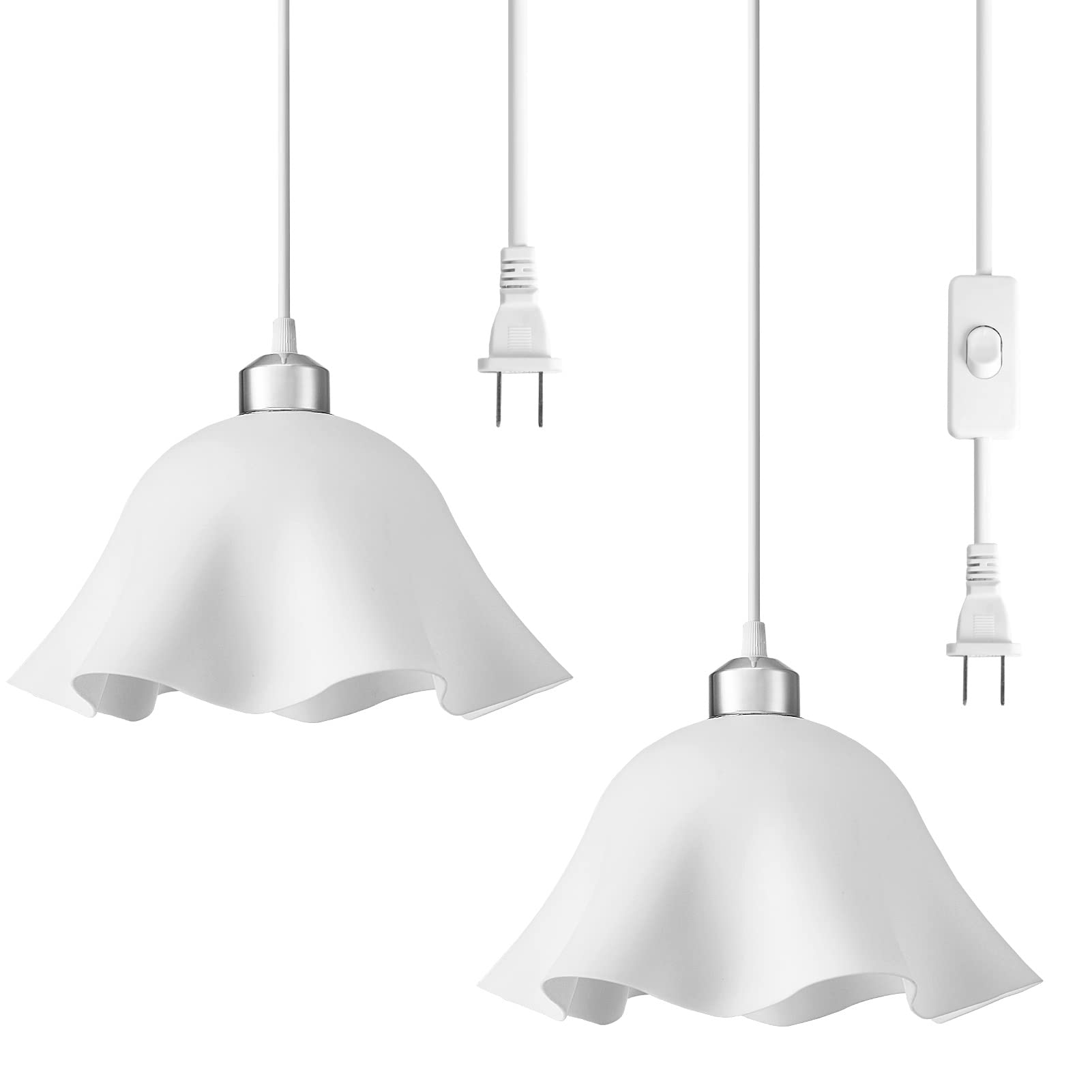 Plug In Pendant Light, 2 Pack Hanging Lights With Plug In Cord, Hanging Lamp With15Ft Cord, On/Off Switch, Frosted Plastic White Shade, Plug In Hanging Ceiling Lights For Bedroom, Living Room