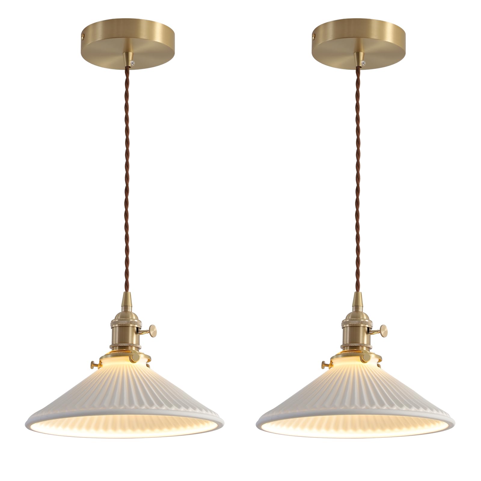 Magiroz Modern Brushed Brass Pendant Lights Kitchen Island 2 Pack Mid Cenrury Milk Glass Hanging Light Fixture Vintage White and Gold Ceramic Pendant Light for Dining Room Bedroom Entryway MPL16D-2
