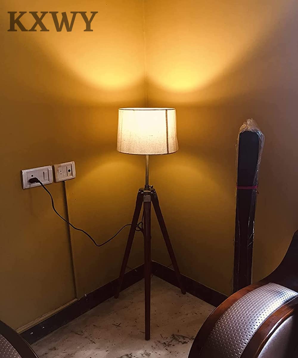 KXWY Tripod Floor Lamp | Antique Designed Jute Fabric With Khadi Shade Decorative Wooden Crafter Standing LED Floor Lamp For Liv