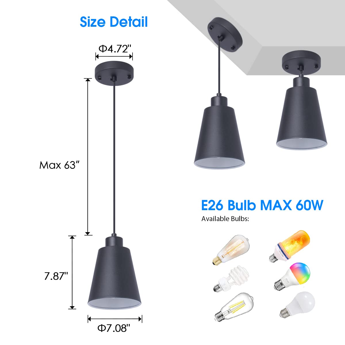 FISGONI Modern Black Pendant Light Fixture, 3-Pack, Mini 1-Light, Metal, E26, MAX 60W, Industrial, Kitchen Island, Dining Room