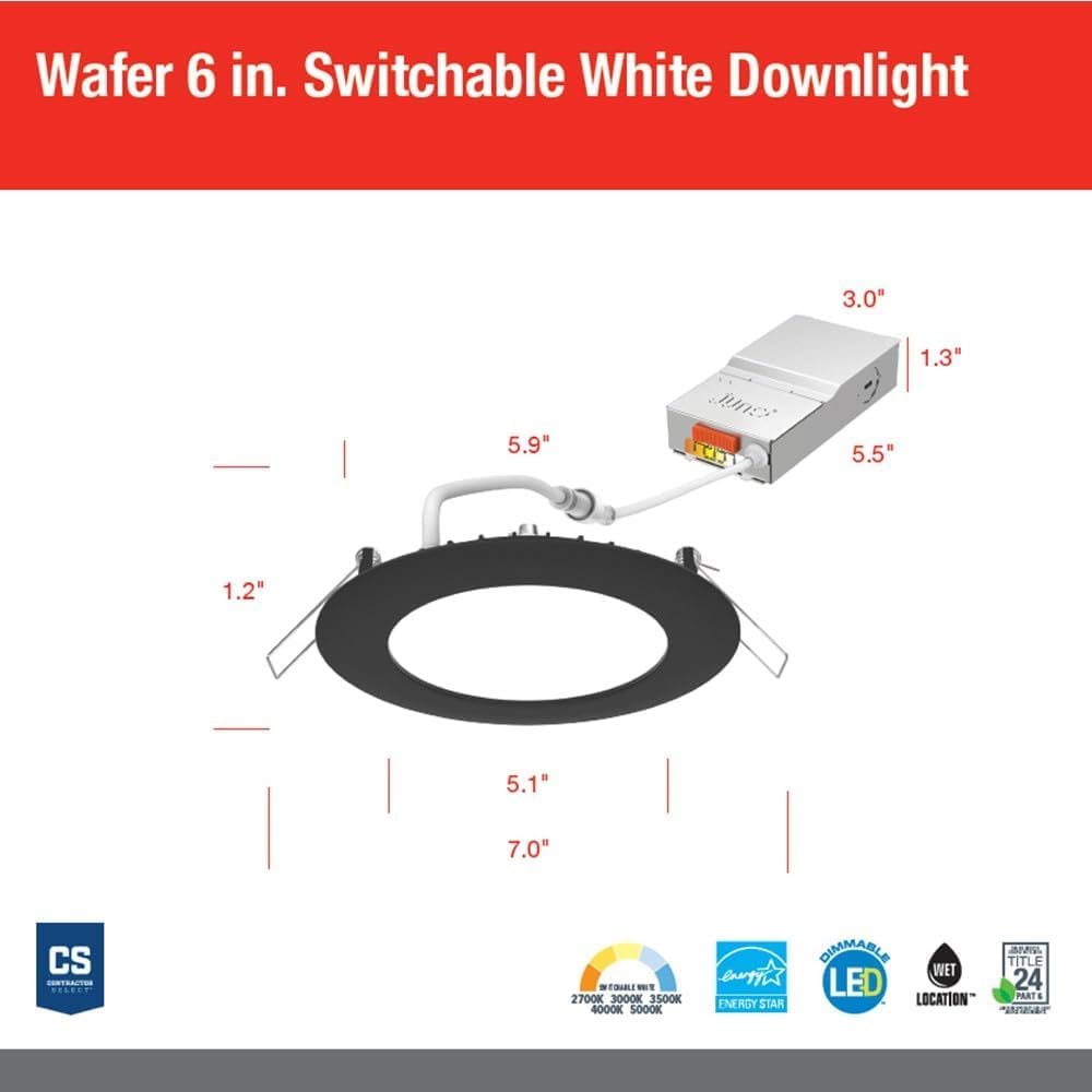 Juno Round LED Recessed Light, 6-Inch Ultra Thin Trim, 90CRI, Matte Black, Switchable Color Temp 2700K-5000K, Triac Dimming