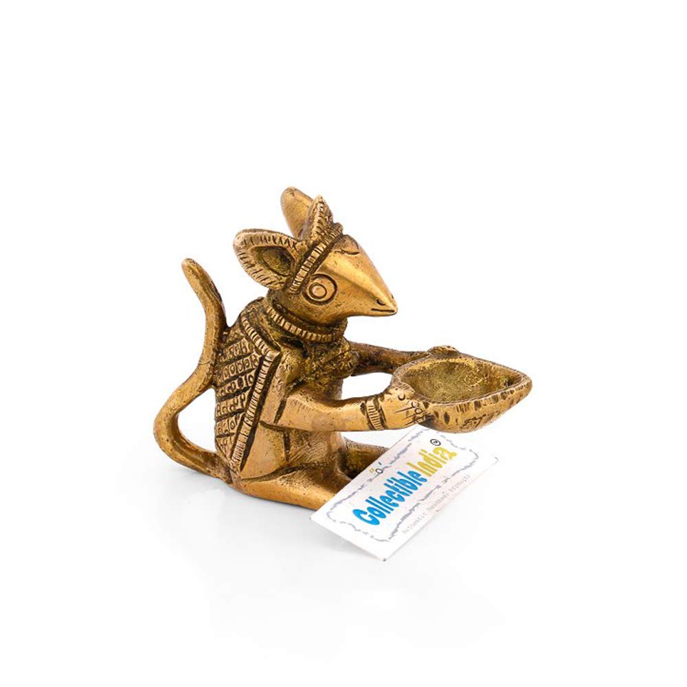 Collectible India Brass Mouse Holding Diya Oil lamp Sculpture Designer Showpiece Diwali Decoration Items