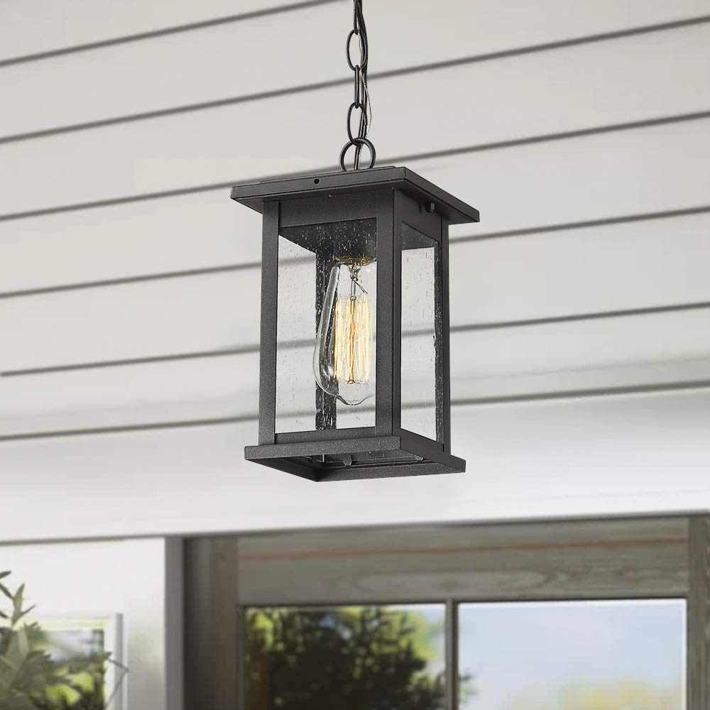 Emliviar 1-Light Outdoor Pendant Light, Black Finish With Seeded Glass, Medium Hanging Fixture
