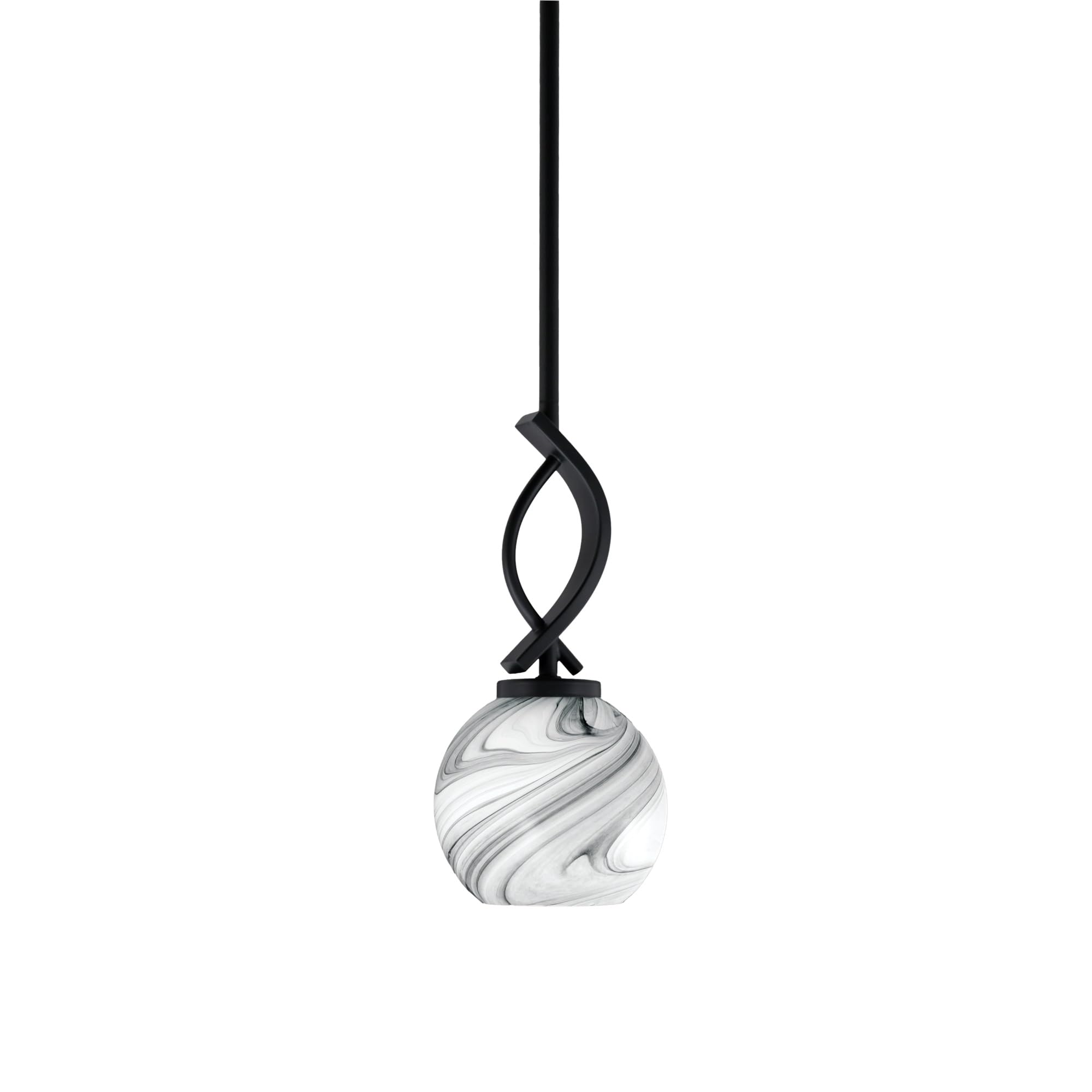Cavella 1 Light Stem Mini Pendant Shown in Matte Black Finish with 5.75&quot; Onyx Swirl Glass