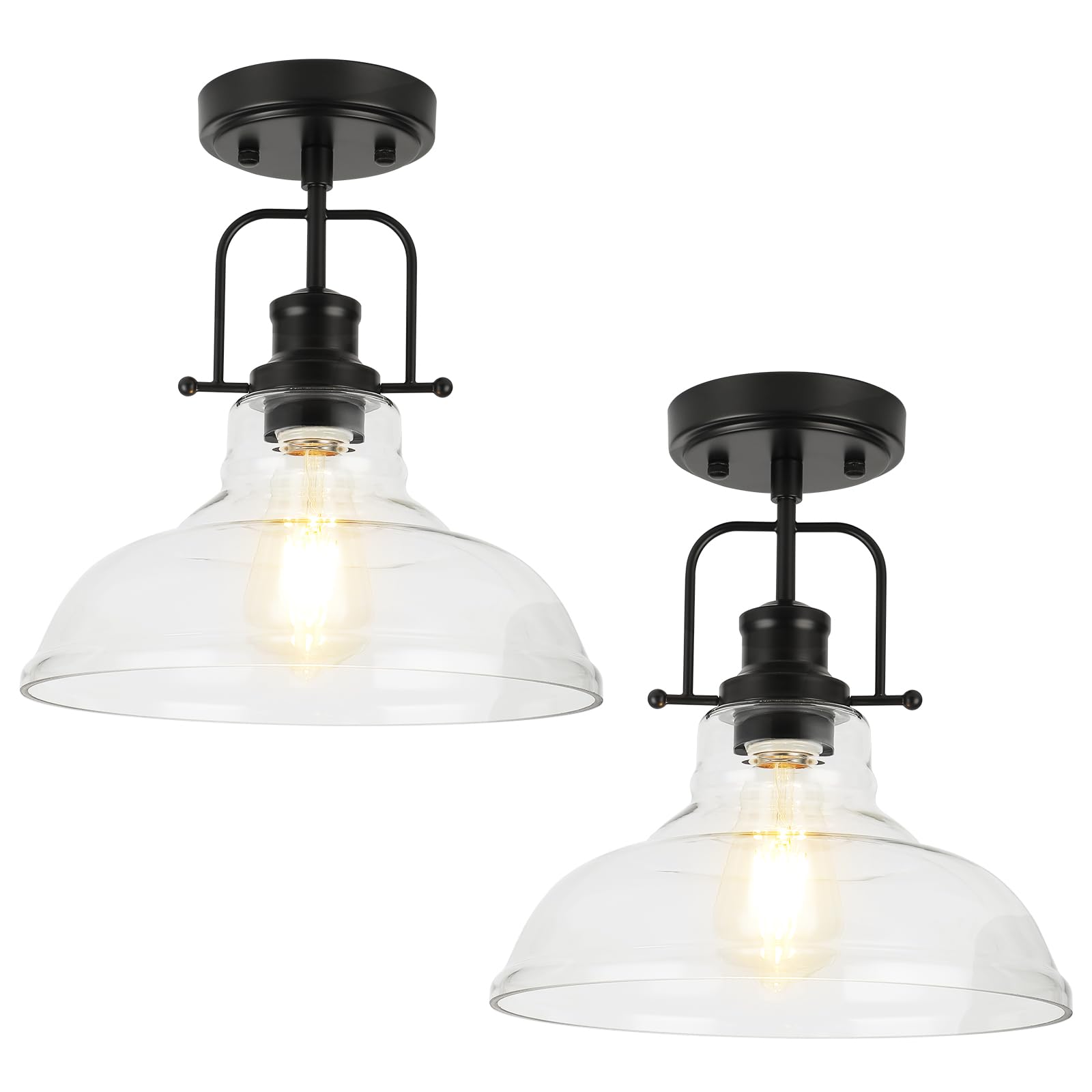 WILON 2 Pack 11'' Semi Flush Mount Ceiling Light Fixture with Clear Glass Shade Black Ceiling Light Modern Farmhouse Lighting Fi
