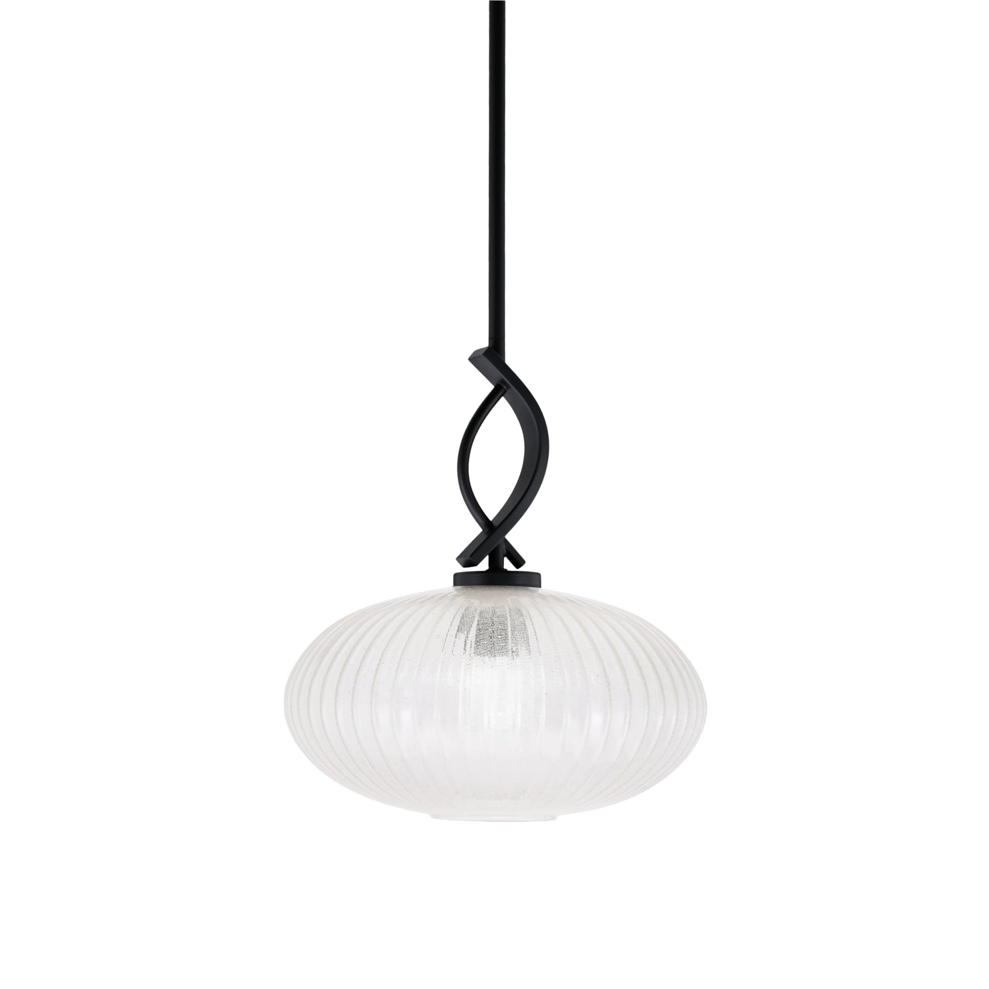 Cavella 1 Light Stem Mini Pendant Shown in Matte Black Finish with 12&quot; Micro Bubble Ribbed Glass