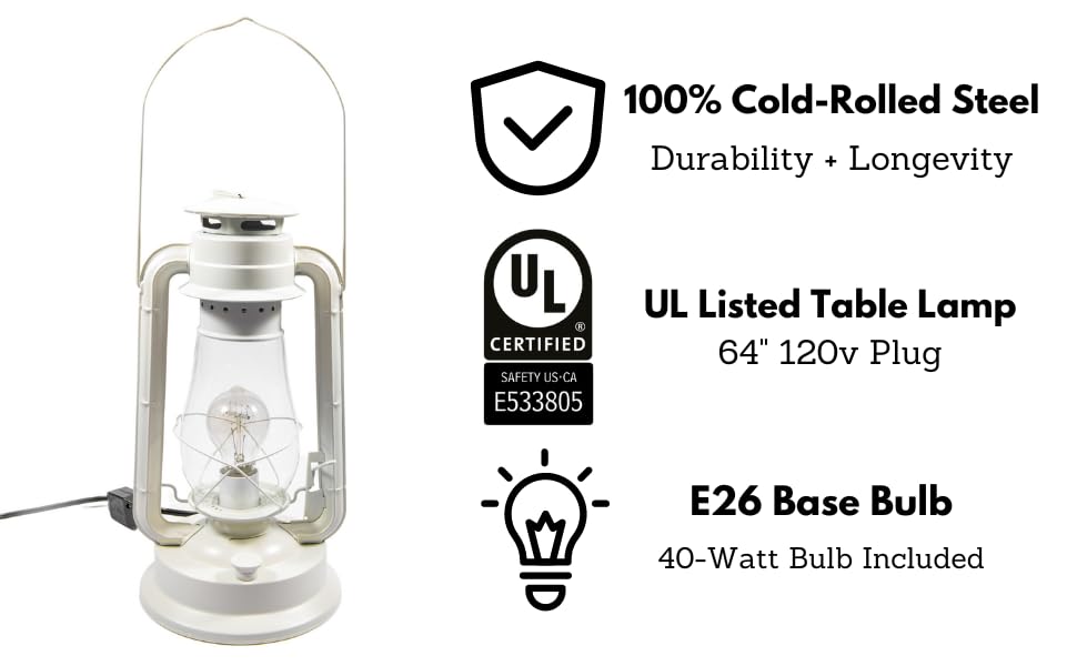 Muskoka Lifestyle Rustic Farmhouse Lantern Table Lamp - Dimmable Edison Bulb, Large Body, White Finish, Model MUS113LR-W