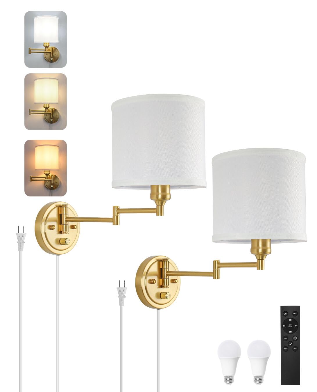 GOODATE Plug in Wall Sconces Set of Two, Remote Control, Dimming 10%-100%, Adjustable Colors 2700K-6500K, Gold Finish, White Fabric Shade