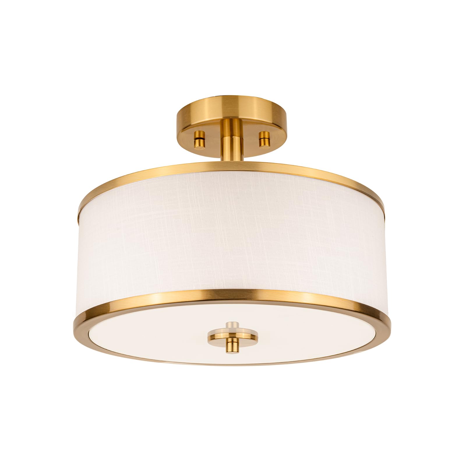 Edwarmlux 3-Light Semi Flush Mount Ceiling Light Fixture, 12.6" Gold Drum Light With White Fabric Shade, Modern Close To Ceiling Light For Living Room Bedroom Dining Room Kitchen Hallway Entry Foyer