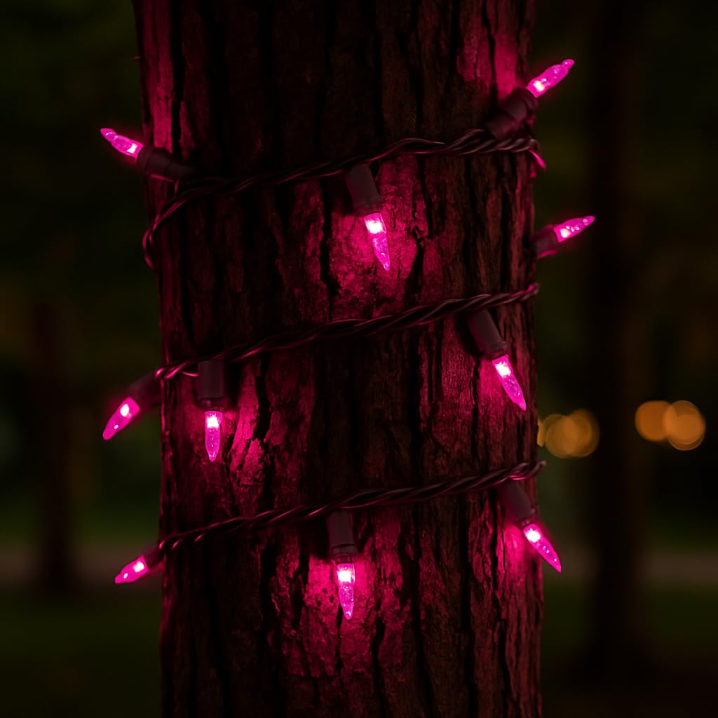 Novelty Lights 50 Feet 100 Bulbs Traditional Incandescent Mini Lights, Pink On Brown Wire With 6 Spacing, Commercial Grade And U