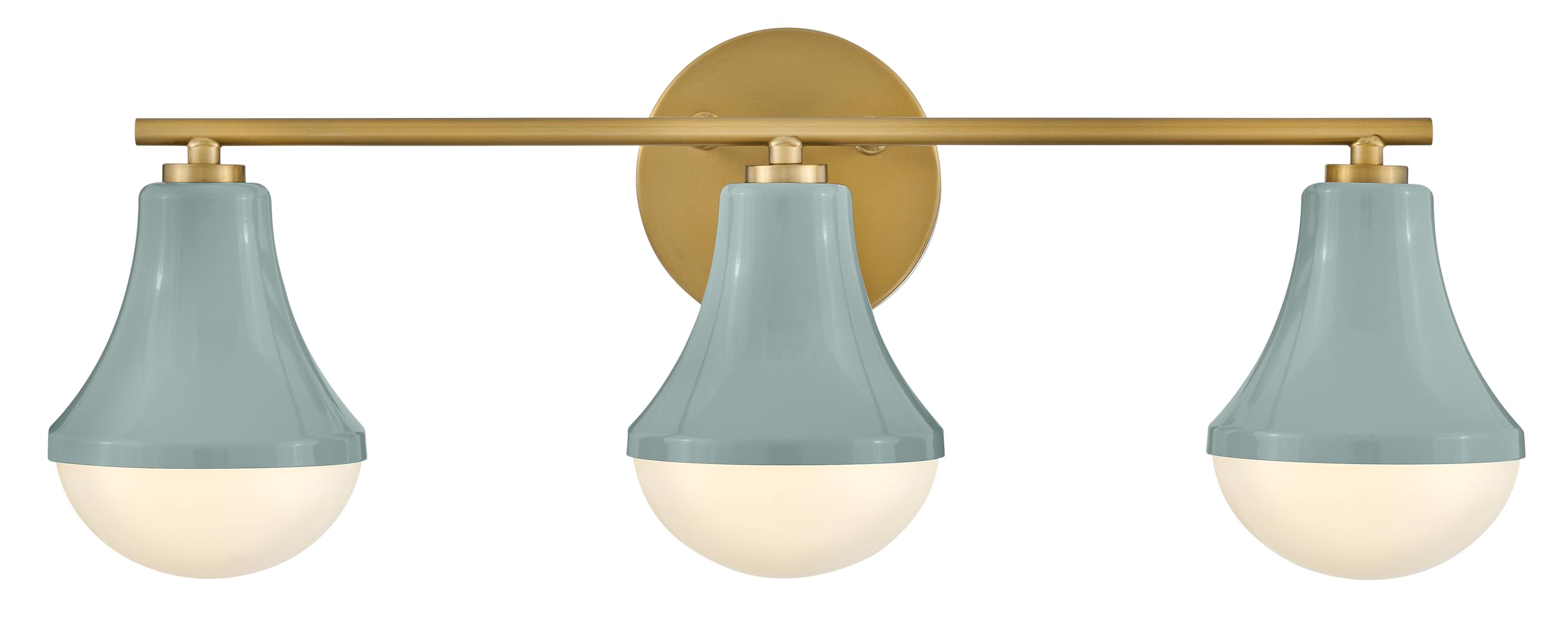 Lark Haddie Modern Three-Light Bath Vanity, Fixture Mounts Up or Down Over Bathroom Mirror, Seafoam and Lacquered Brass Finish